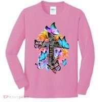 Faith Cross Butterfly With Flowers Kids Long Sleeve Shirt thumb 0