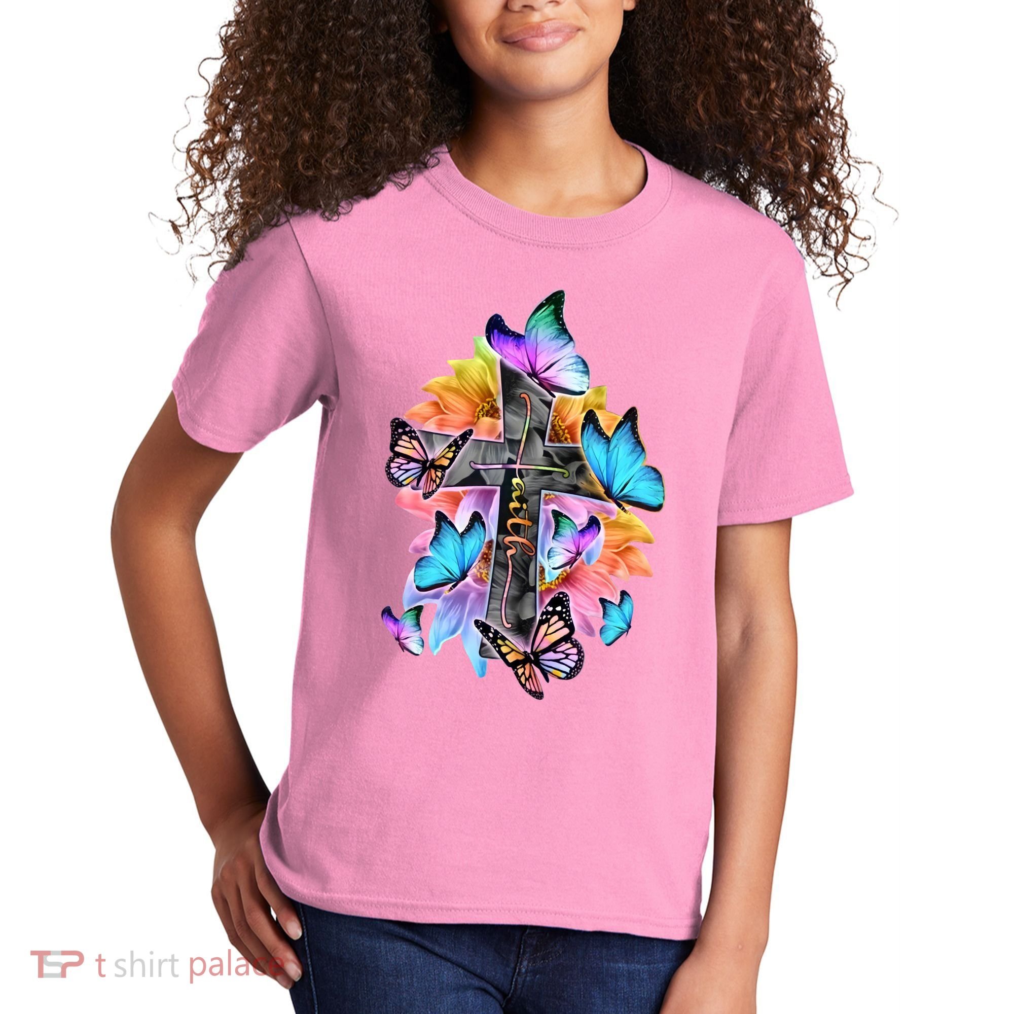 Faith Cross Butterfly With Flowers Kids T-Shirt