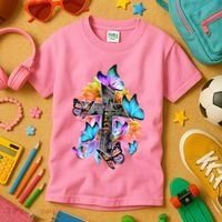 Faith Cross Butterfly With Flowers Kids T-Shirt thumb 3