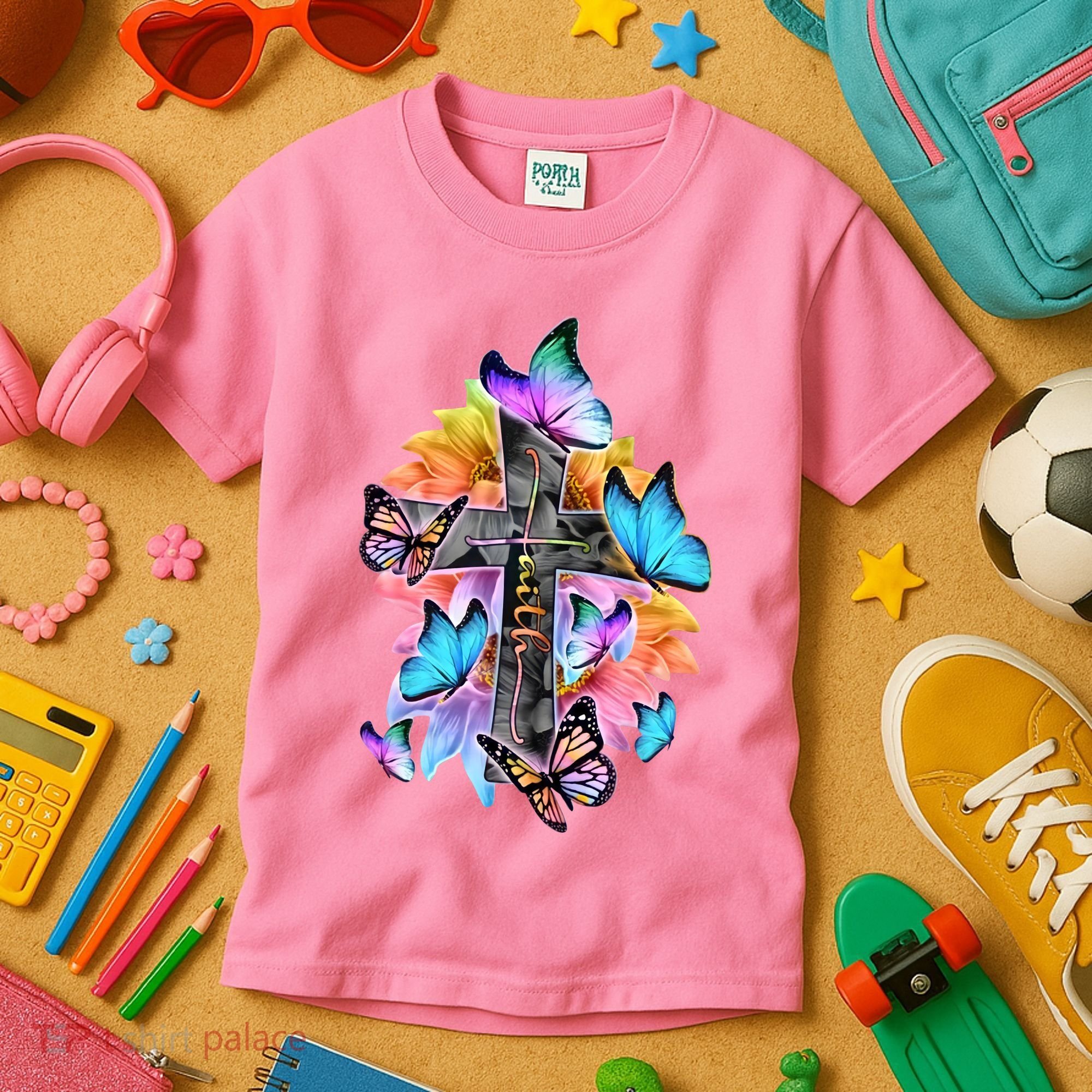 Faith Cross Butterfly With Flowers Kids T-Shirt
