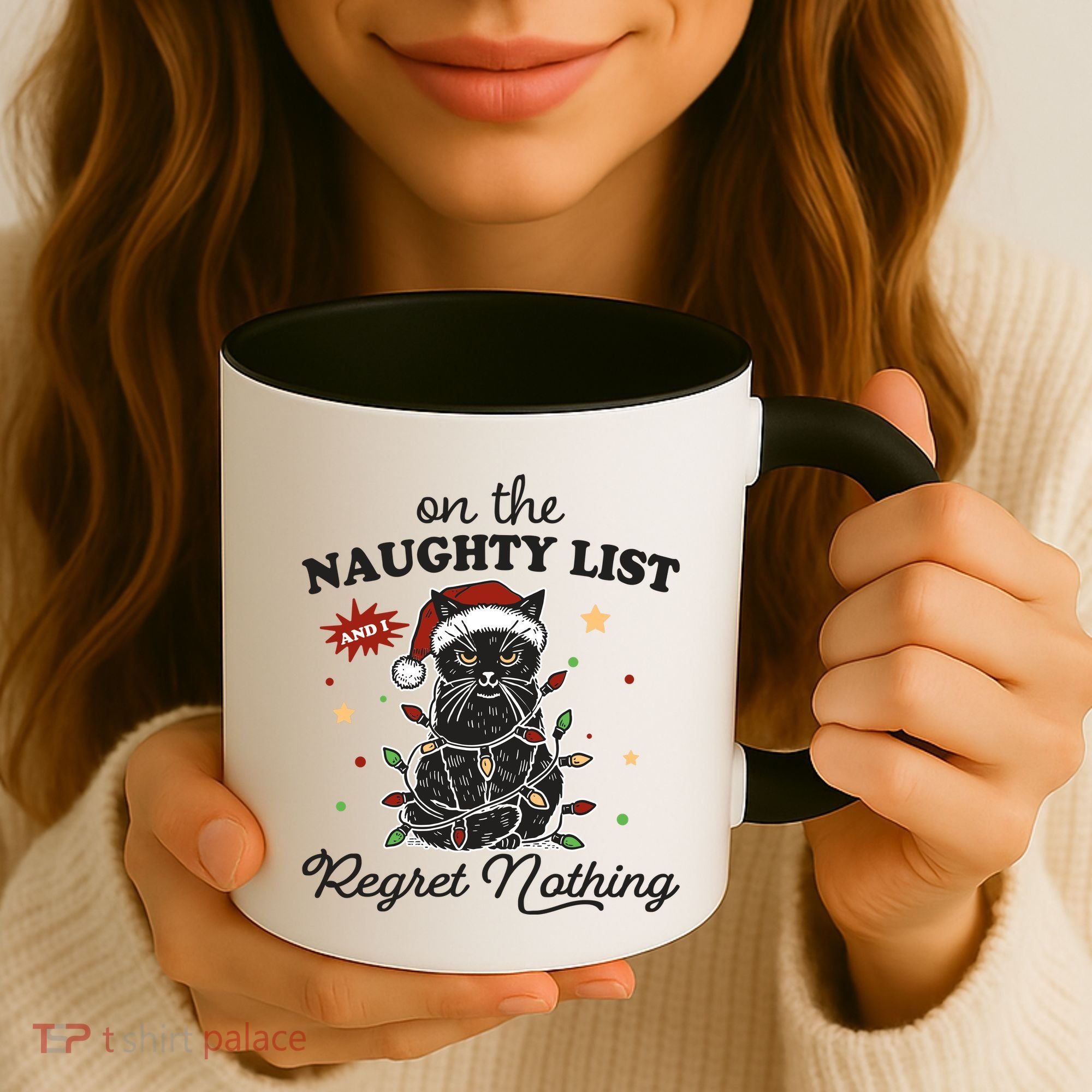 Funny Christmas Cat On The Naughty List And I Regret Nothing Coffee Mug