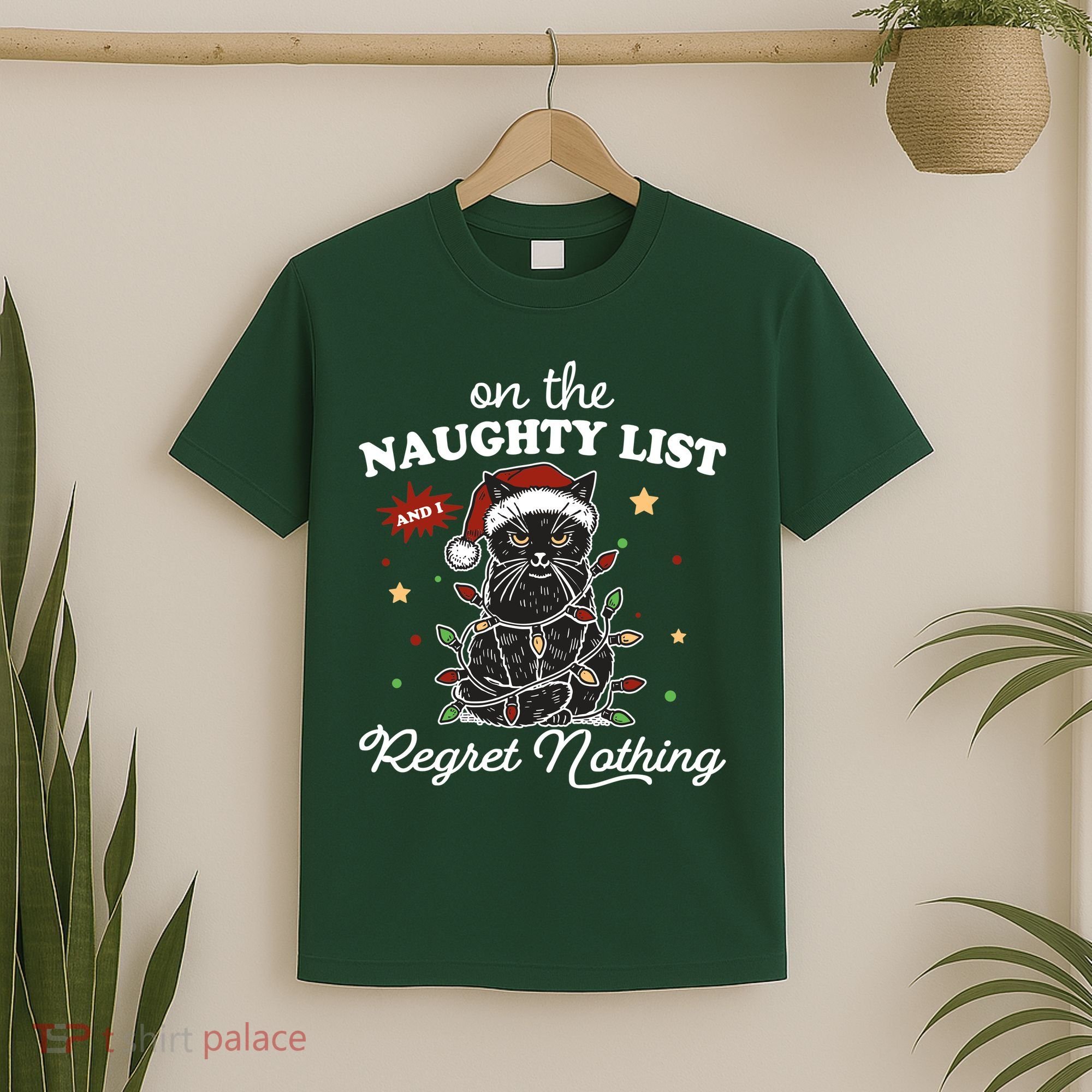 Funny Christmas Cat On The Naughty List And I Regret Nothing T-Shirt