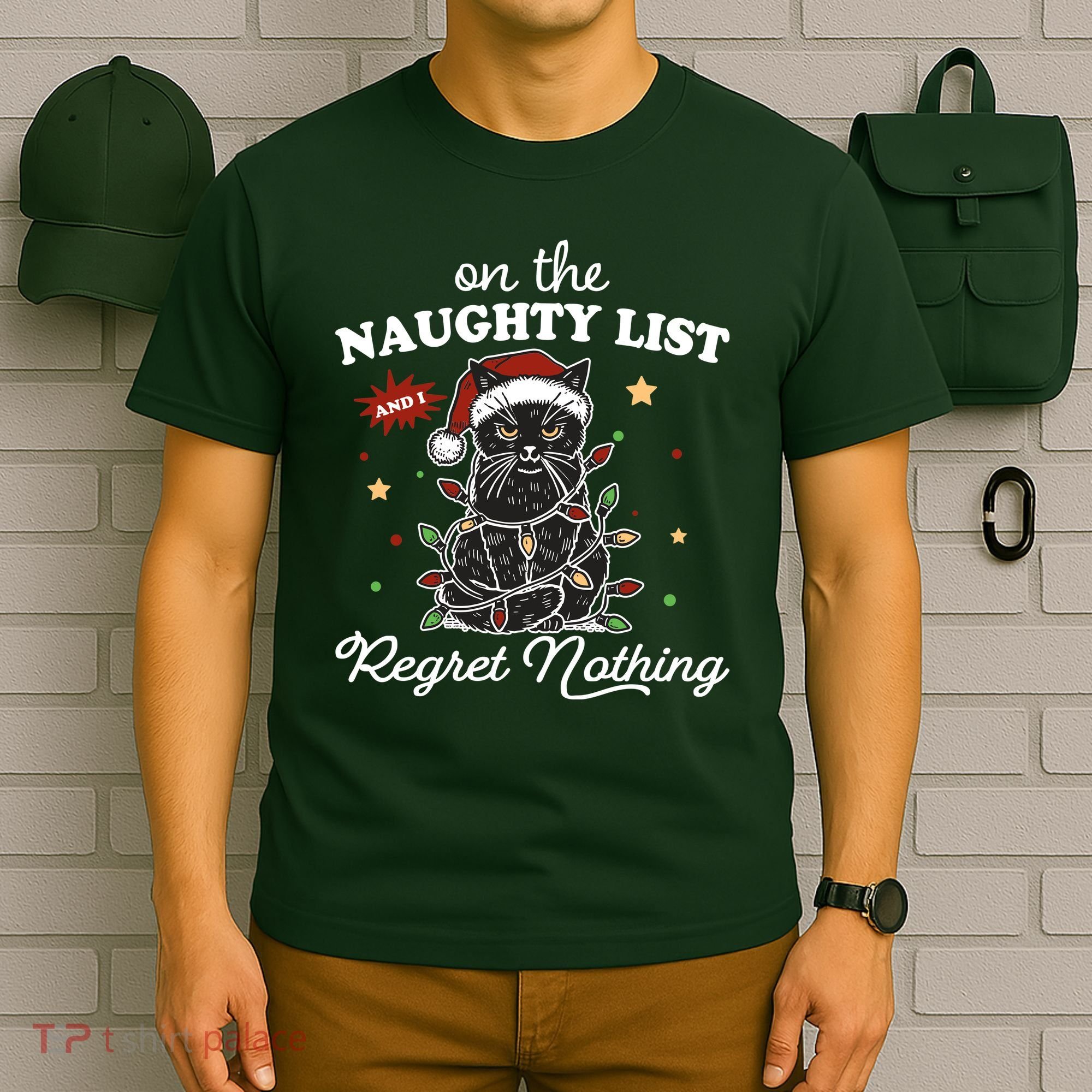 Funny Christmas Cat On The Naughty List And I Regret Nothing T-Shirt