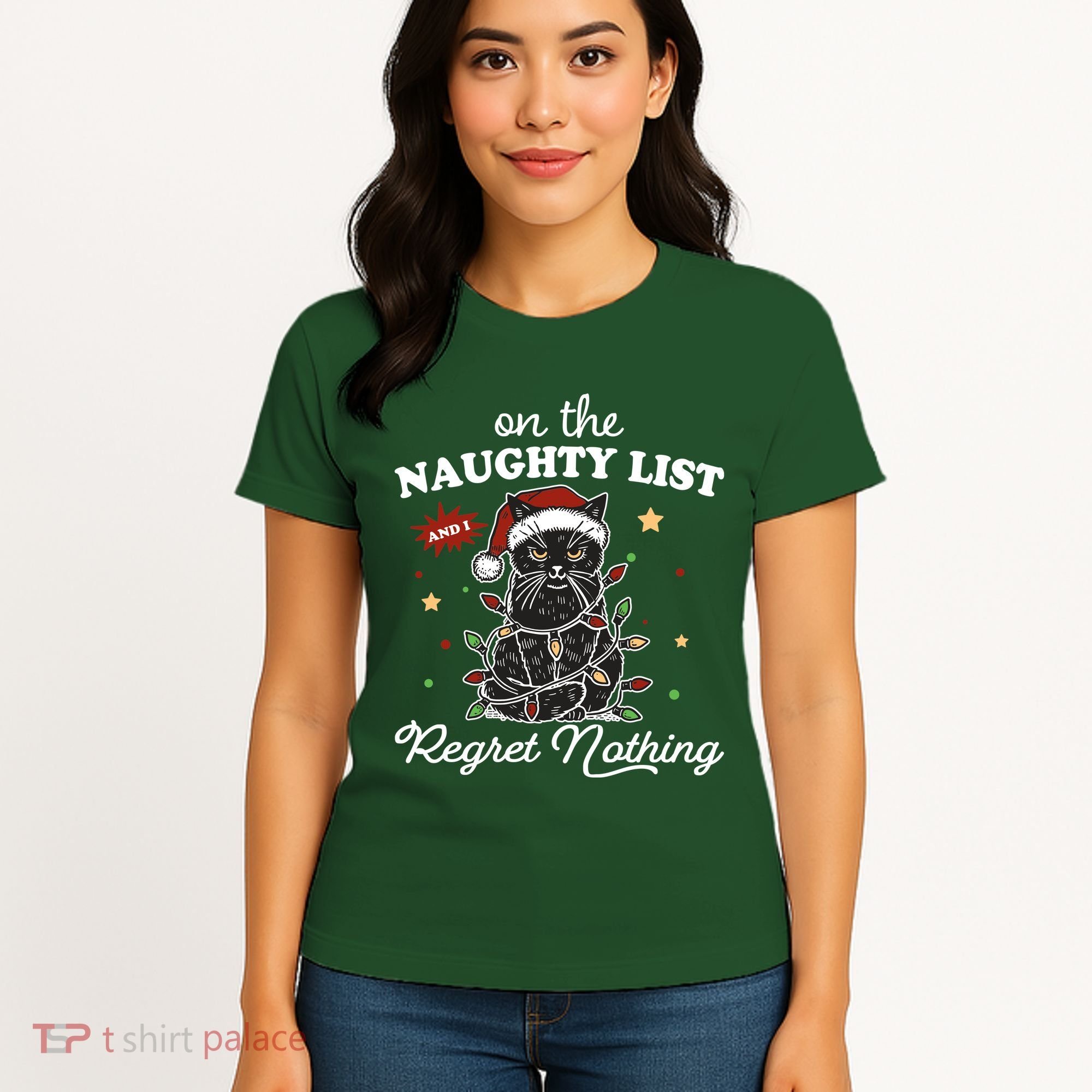 Funny Christmas Cat On The Naughty List And I Regret Nothing Women's T-Shirt
