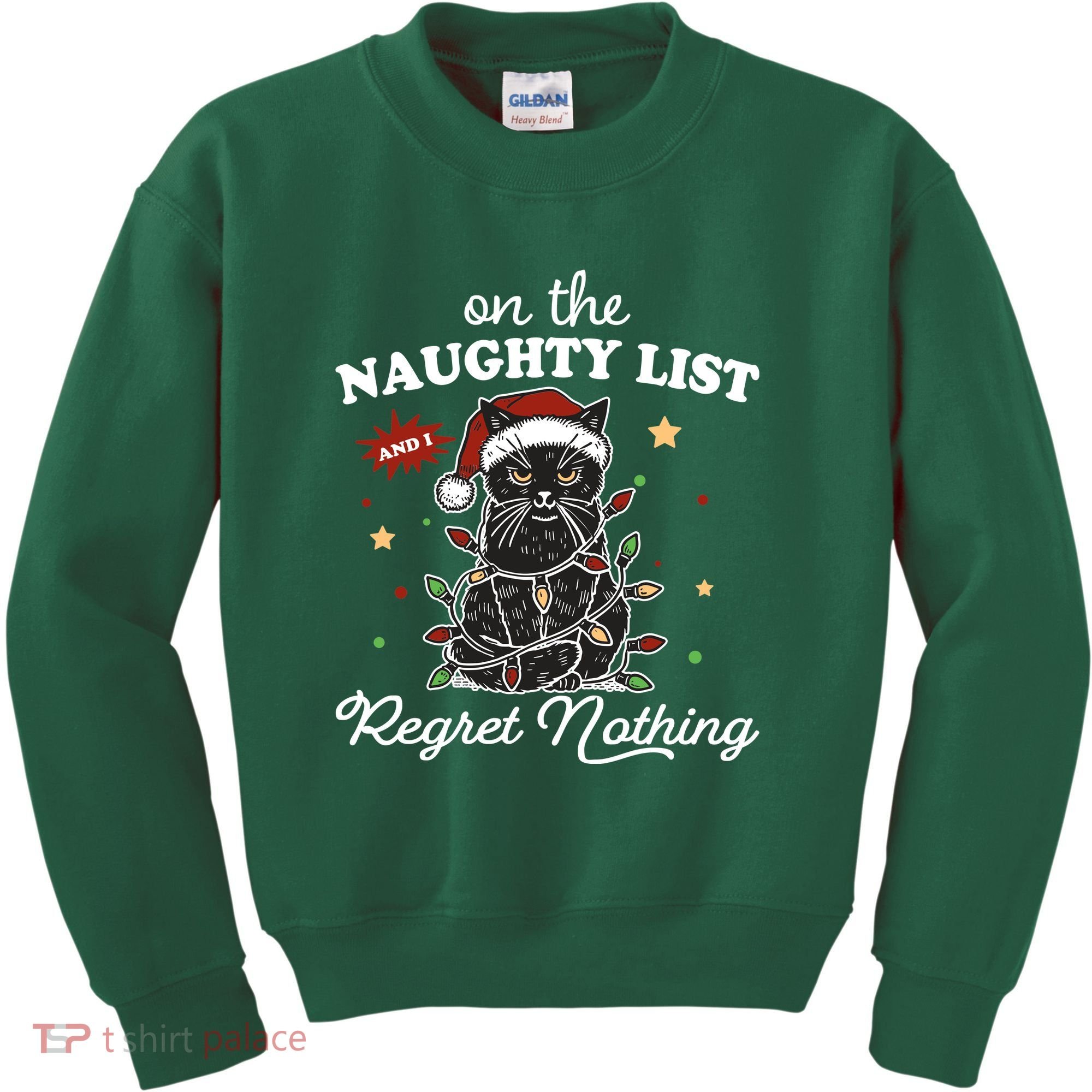 Funny Christmas Cat On The Naughty List And I Regret Nothing Kids Sweatshirt