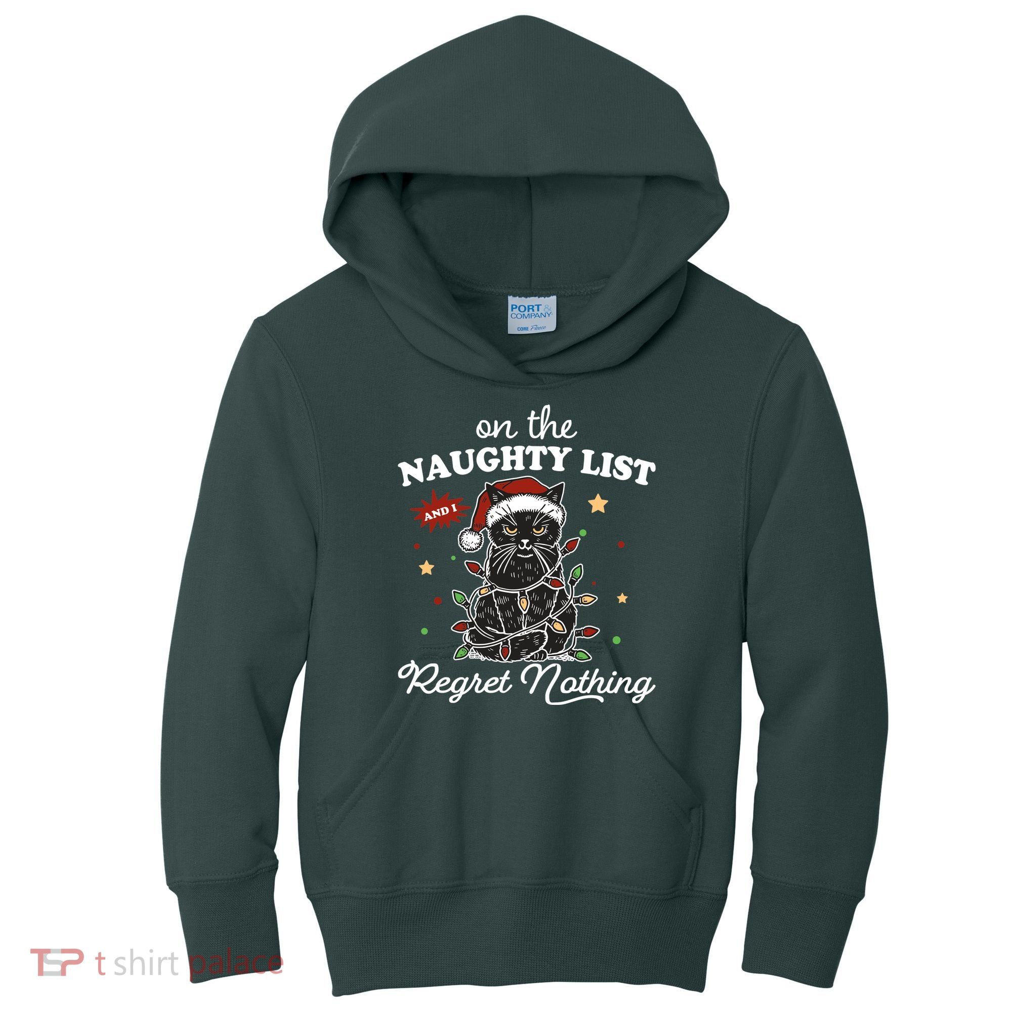 Funny Christmas Cat On The Naughty List And I Regret Nothing Kids Hoodie
