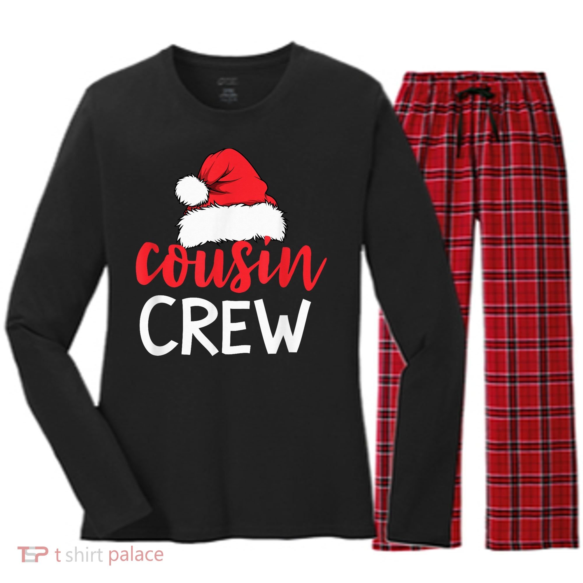 Funny Cousin Crew Santa Hat Matching Christmas Sleeping Xmas Women's Long Sleeve Flannel Pajama Set 