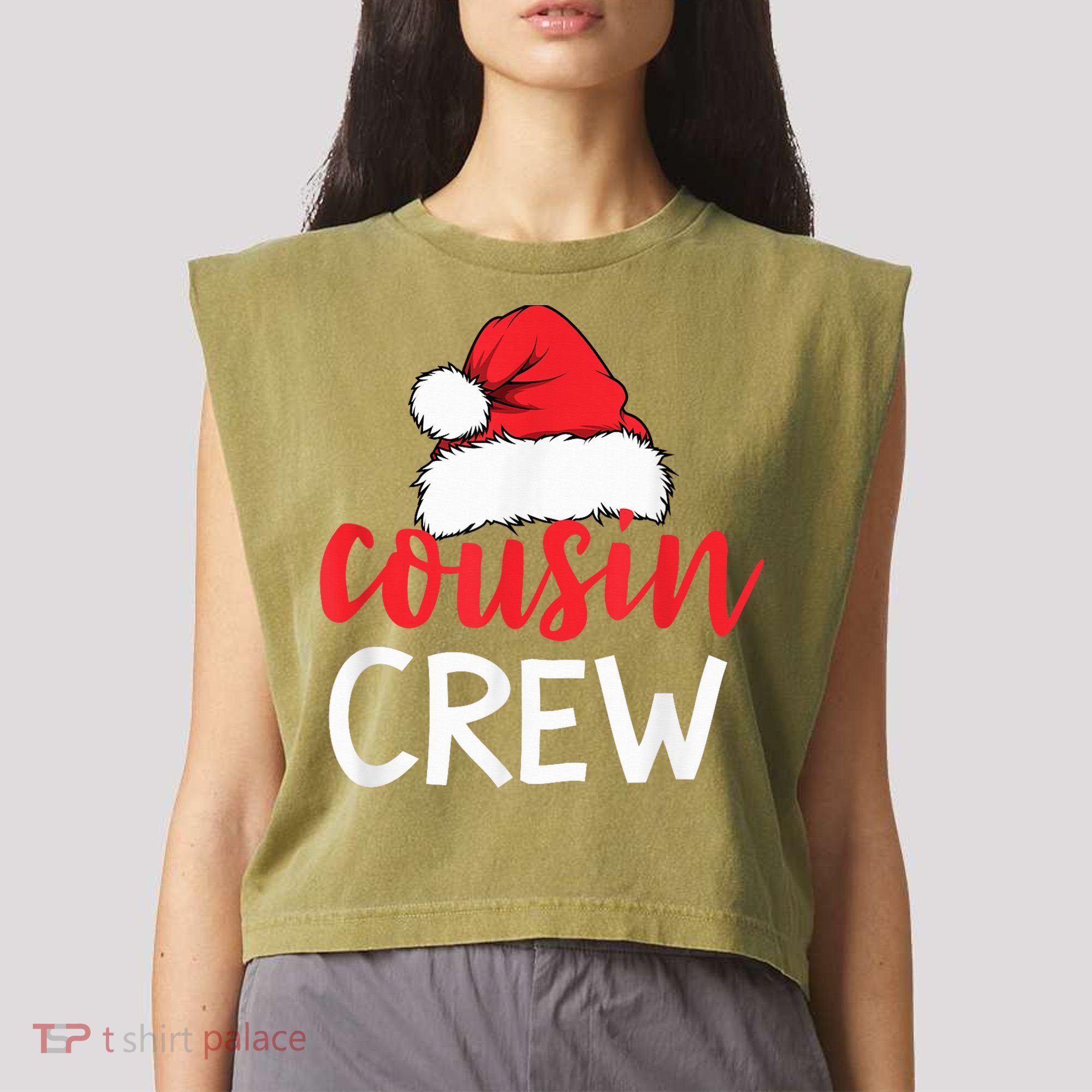 Funny Cousin Crew Santa Hat Matching Christmas Sleeping Xmas Garment-Dyed Women's Muscle Tee