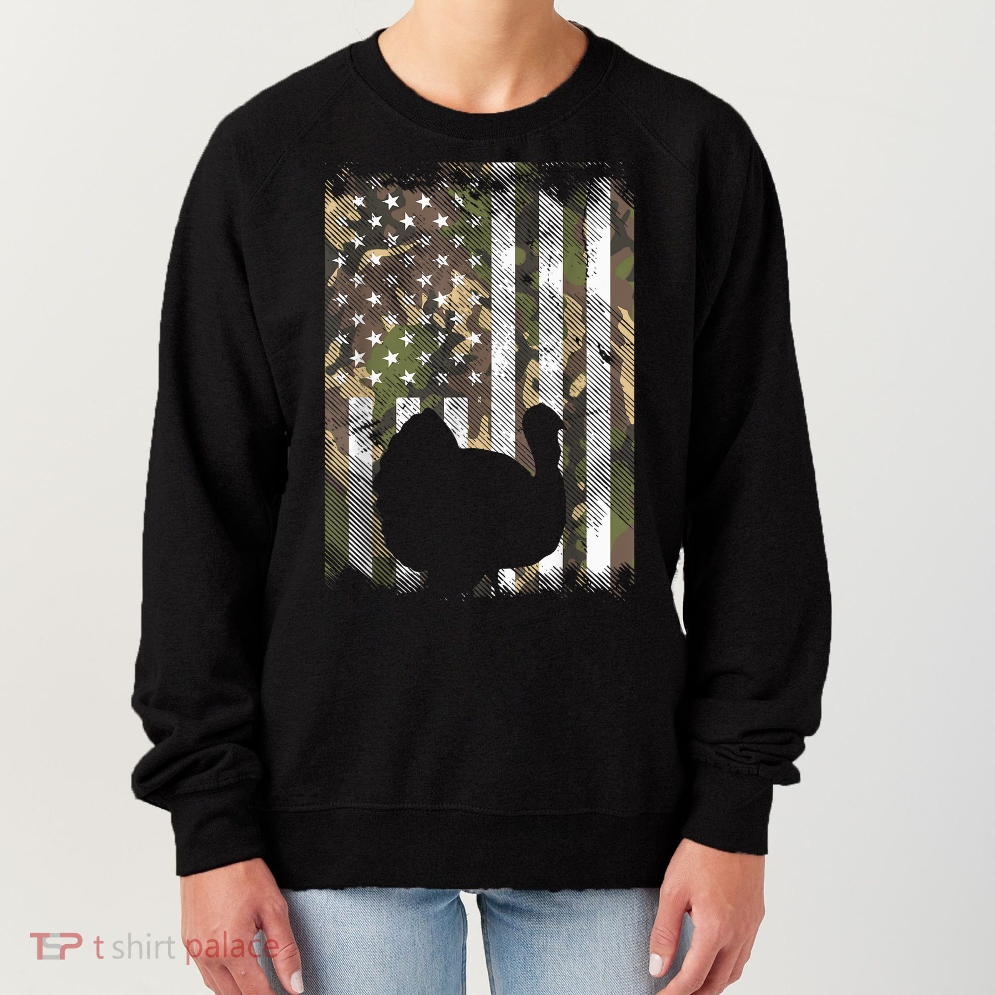 Funny Cute Camo US America Flag Turkey Day Hunting Thanksgiving Women's Sweatshirt