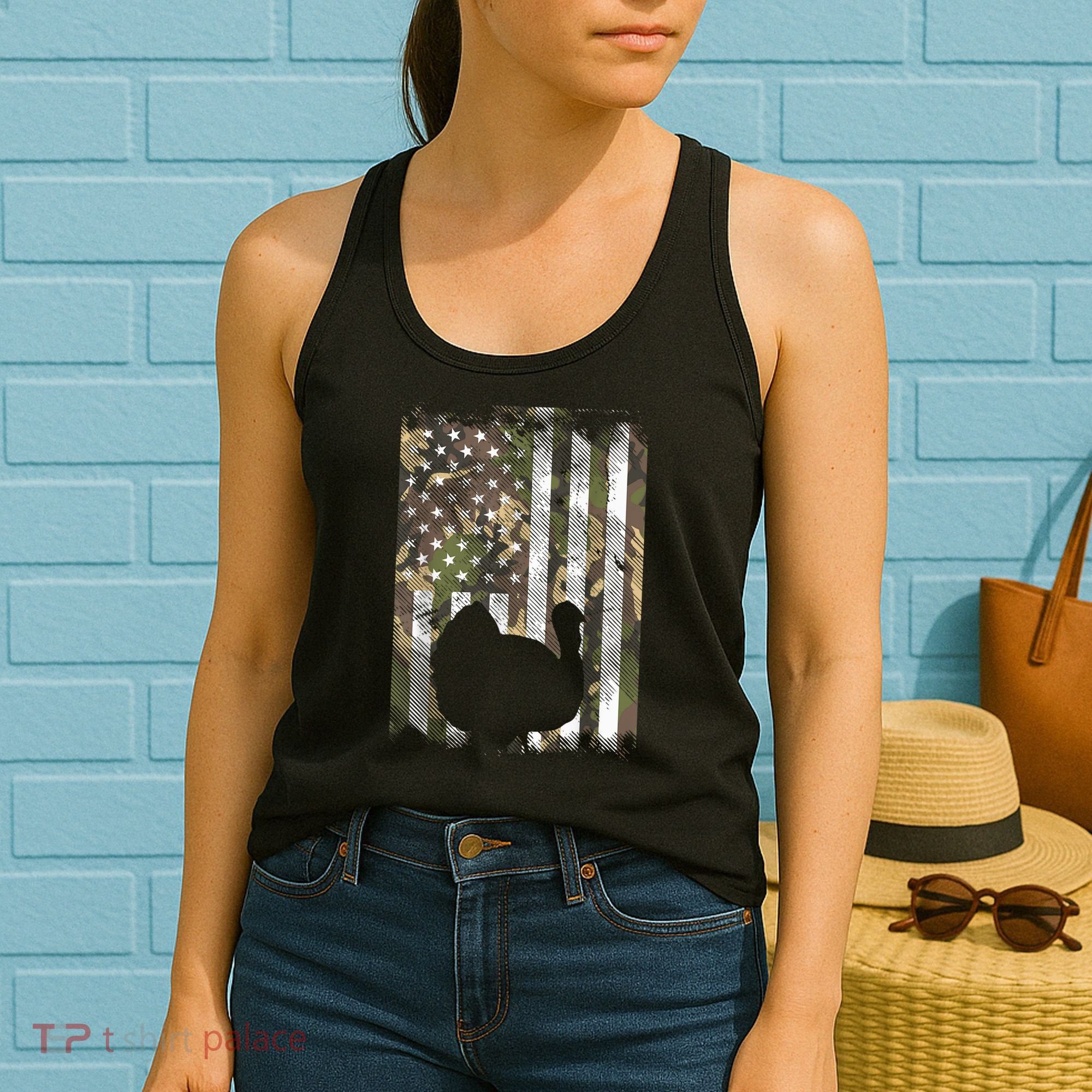 Funny Cute Camo US America Flag Turkey Day Hunting Thanksgiving Women's Tank Top