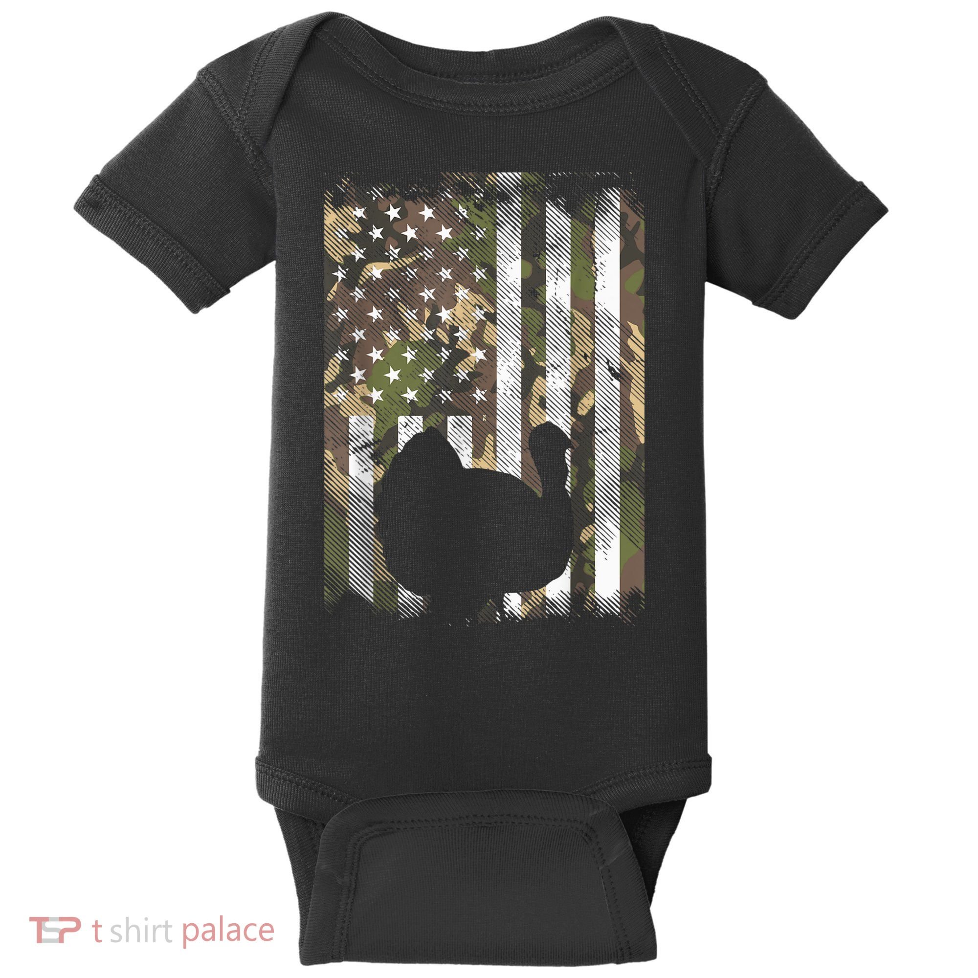 Funny Cute Camo US America Flag Turkey Day Hunting Thanksgiving Baby Bodysuit