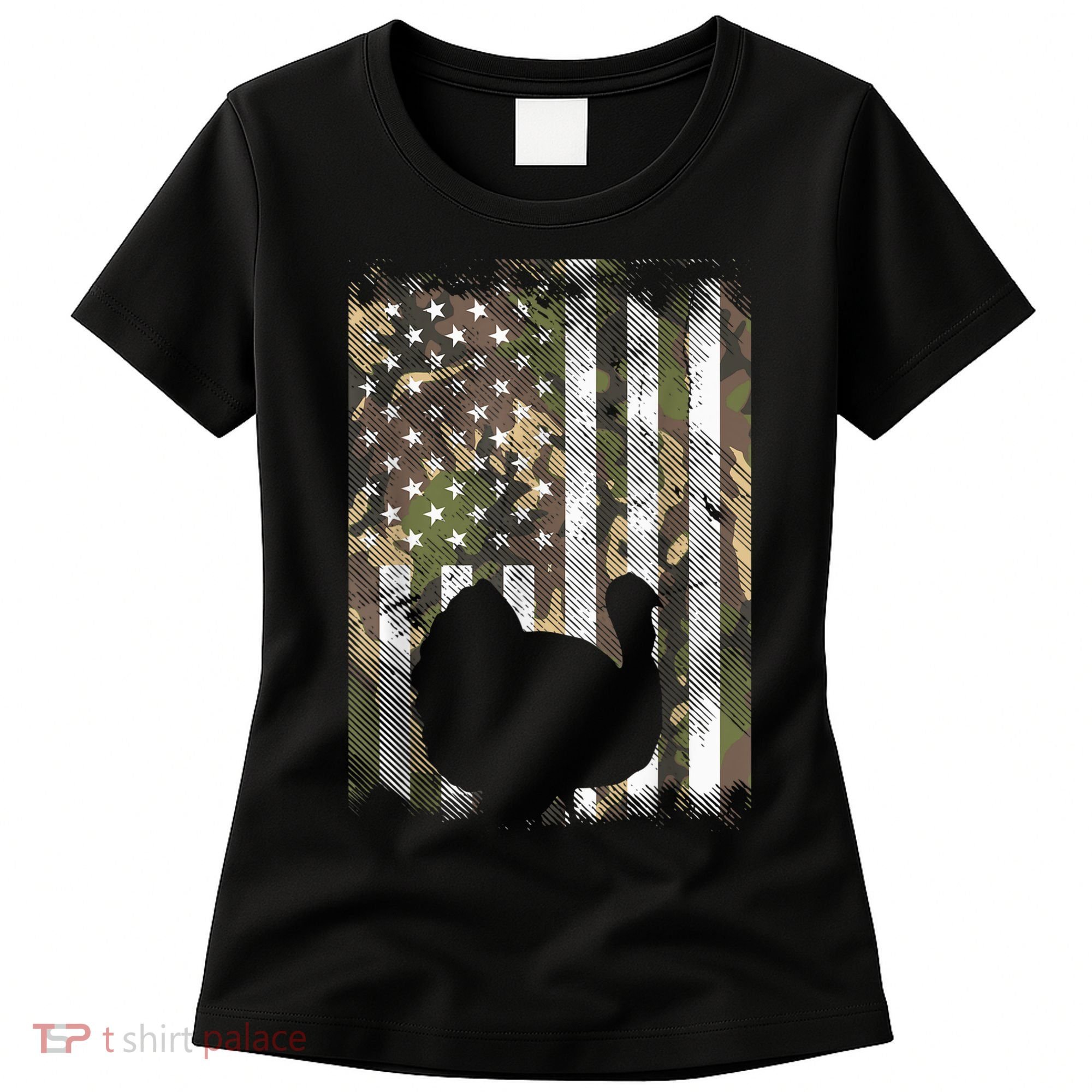 Funny Cute Camo US America Flag Turkey Day Hunting Thanksgiving Women's T-Shirt