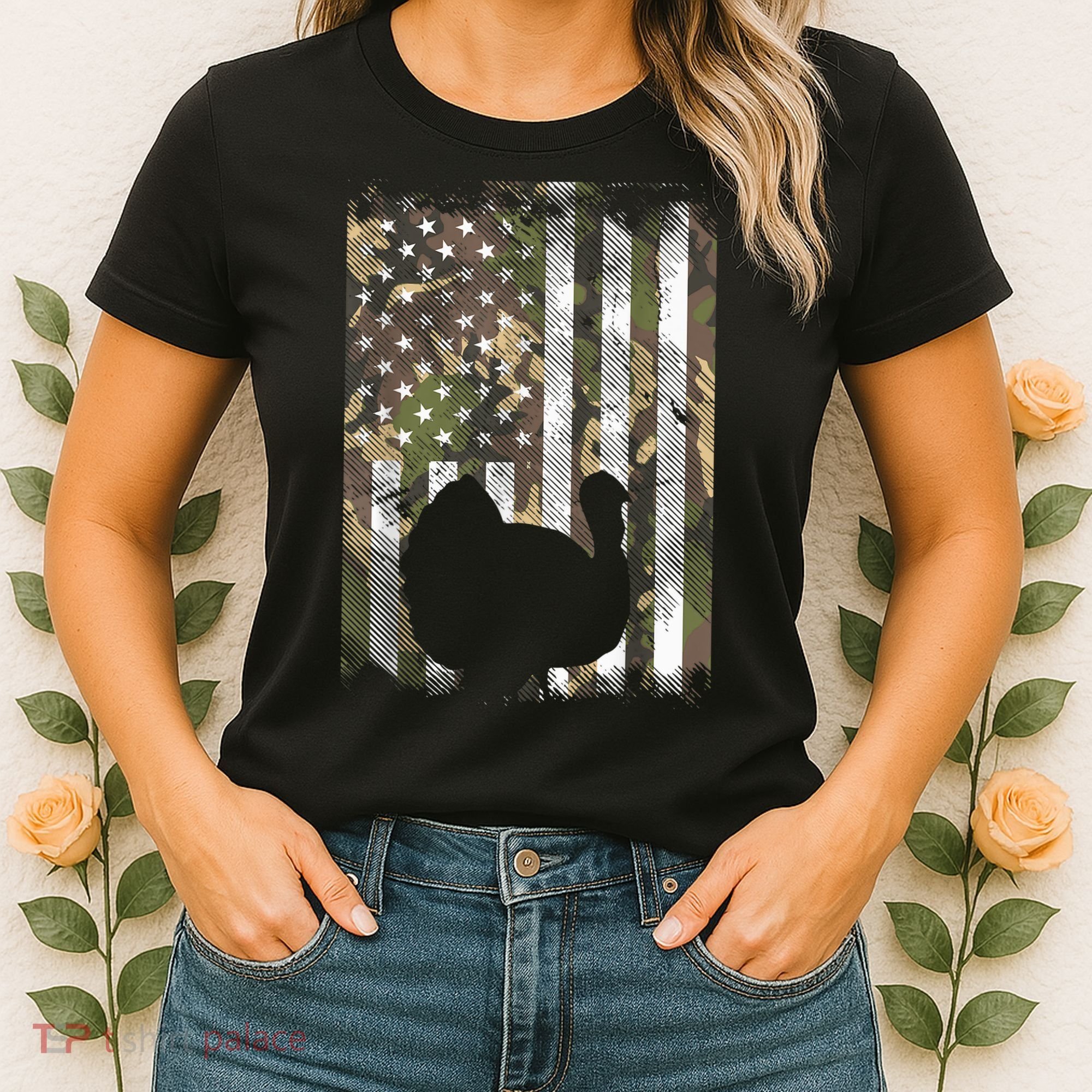 Funny Cute Camo US America Flag Turkey Day Hunting Thanksgiving Women's T-Shirt