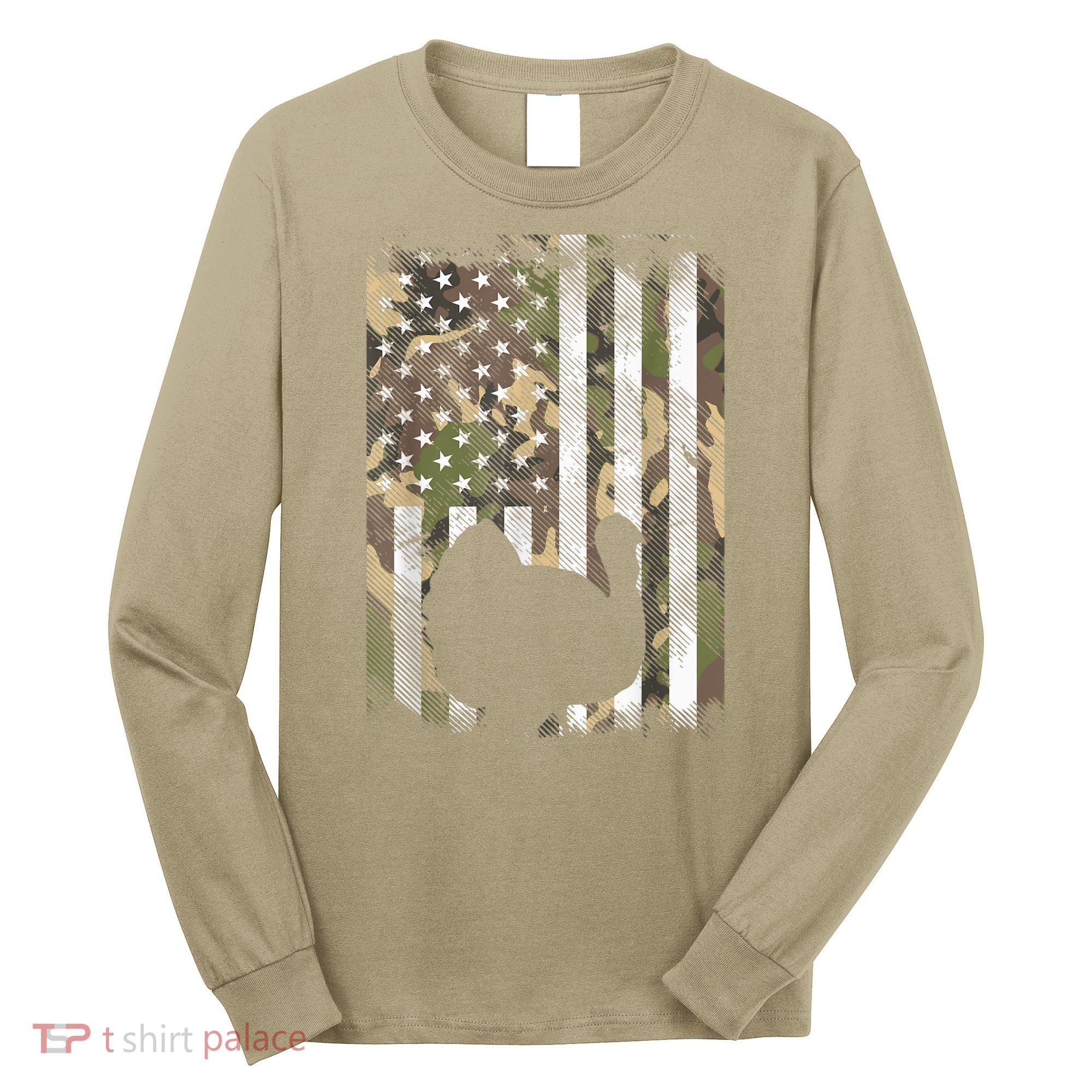 Funny Cute Camo US America Flag Turkey Day Hunting Thanksgiving Long Sleeve Shirt