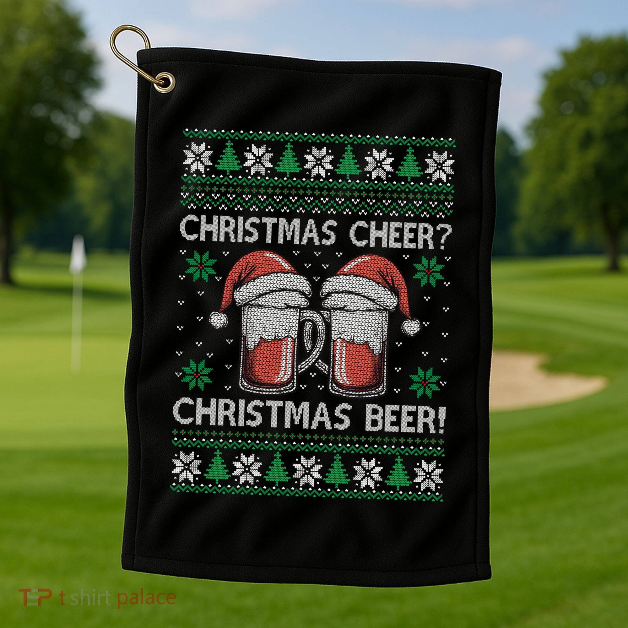 Funny Christmas Cheer Christmas Beer Ugly Sweater Golf Towel
