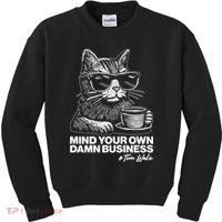 Funny Coffee Cat Mind Your Own Damn Business #Tim Walz 2024 Election Kids Sweatshirt thumb 0