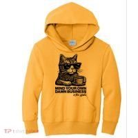 Funny Coffee Cat Mind Your Own Damn Business #Tim Walz 2024 Election Kids Hoodie thumb 0
