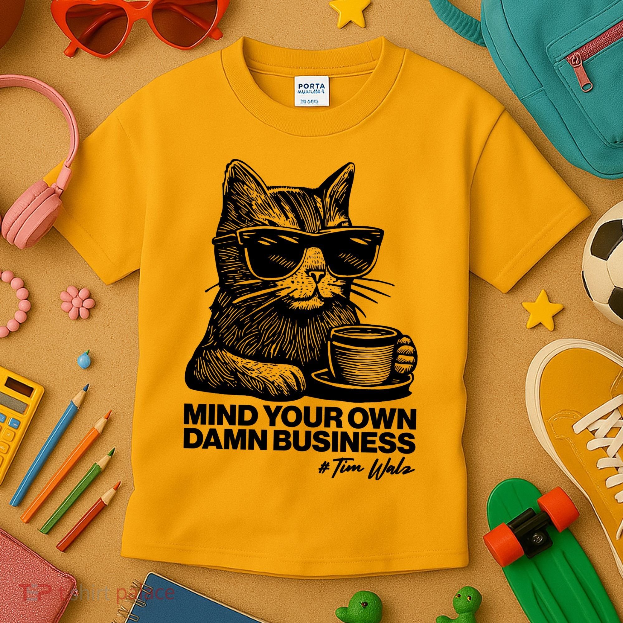 Funny Coffee Cat Mind Your Own Damn Business #Tim Walz 2024 Election Kids T-Shirt