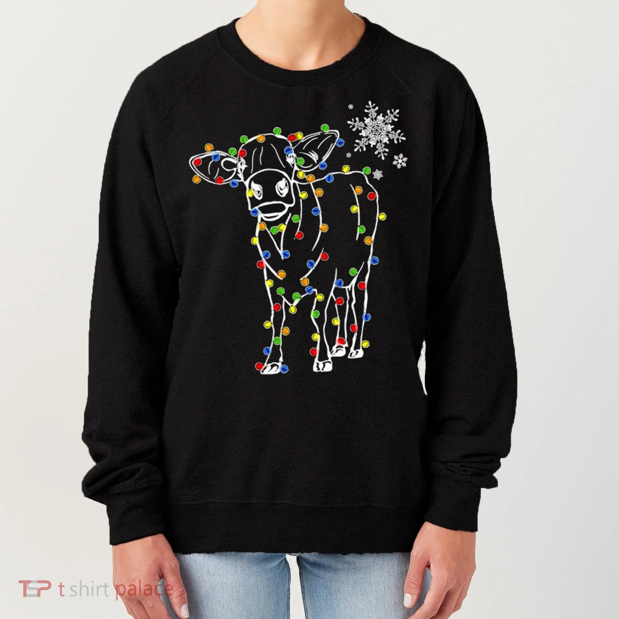 Festive Cow Christmas Light Decoration Women's Sweatshirt