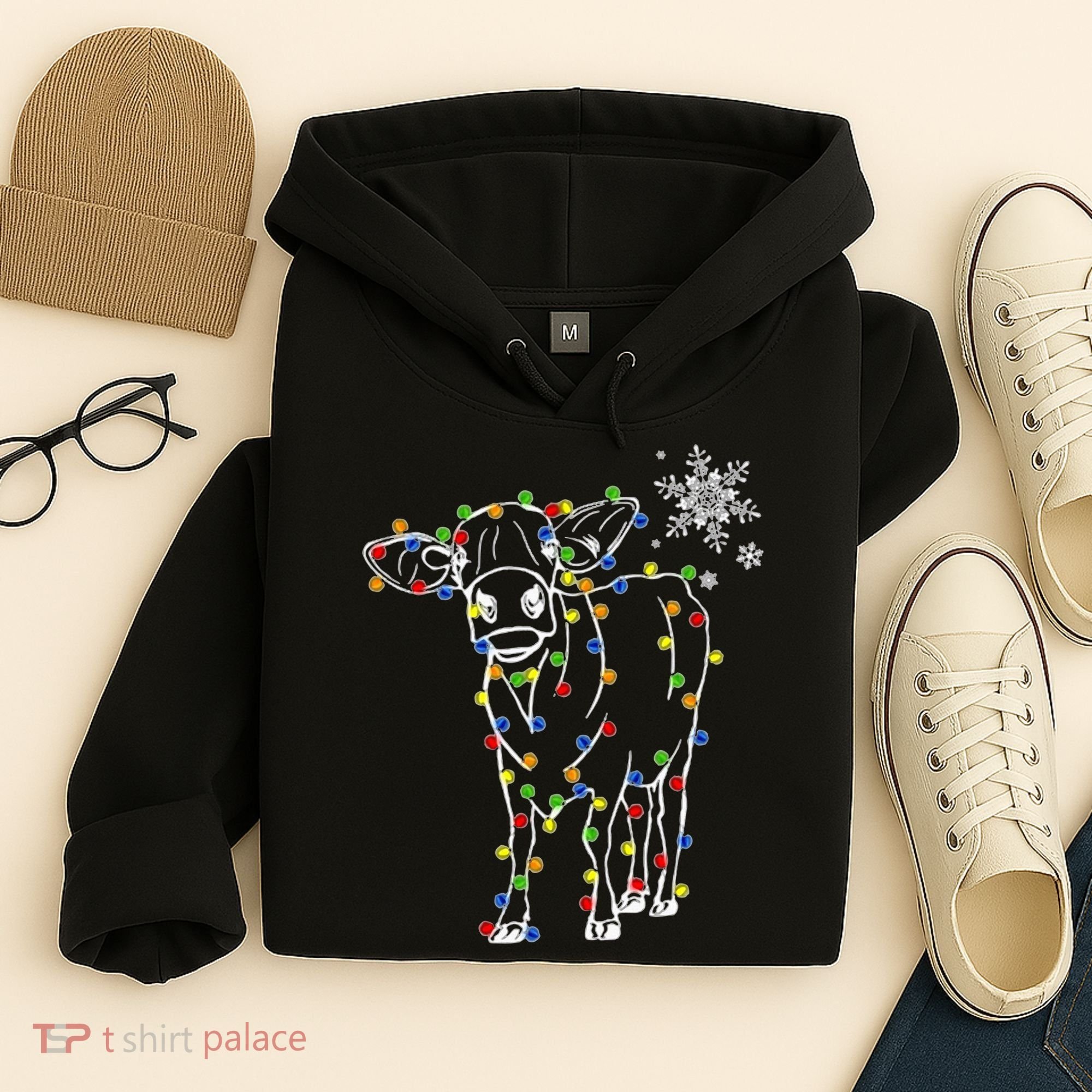 Festive Cow Christmas Light Decoration Hoodie