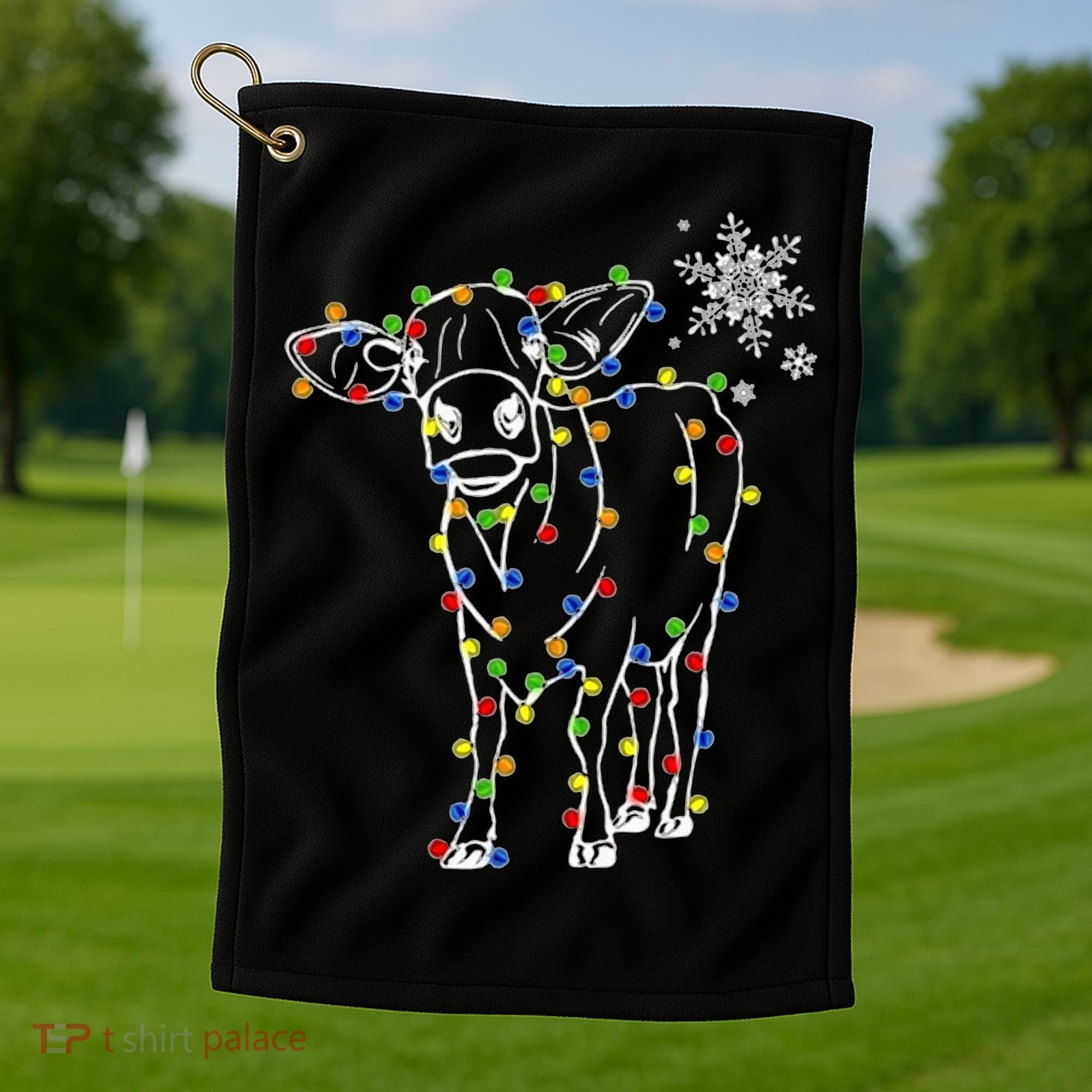 Festive Cow Christmas Light Decoration Golf Towel