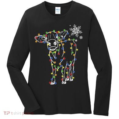 Festive Cow Christmas Light Decoration Women's Long Sleeve Shirt
