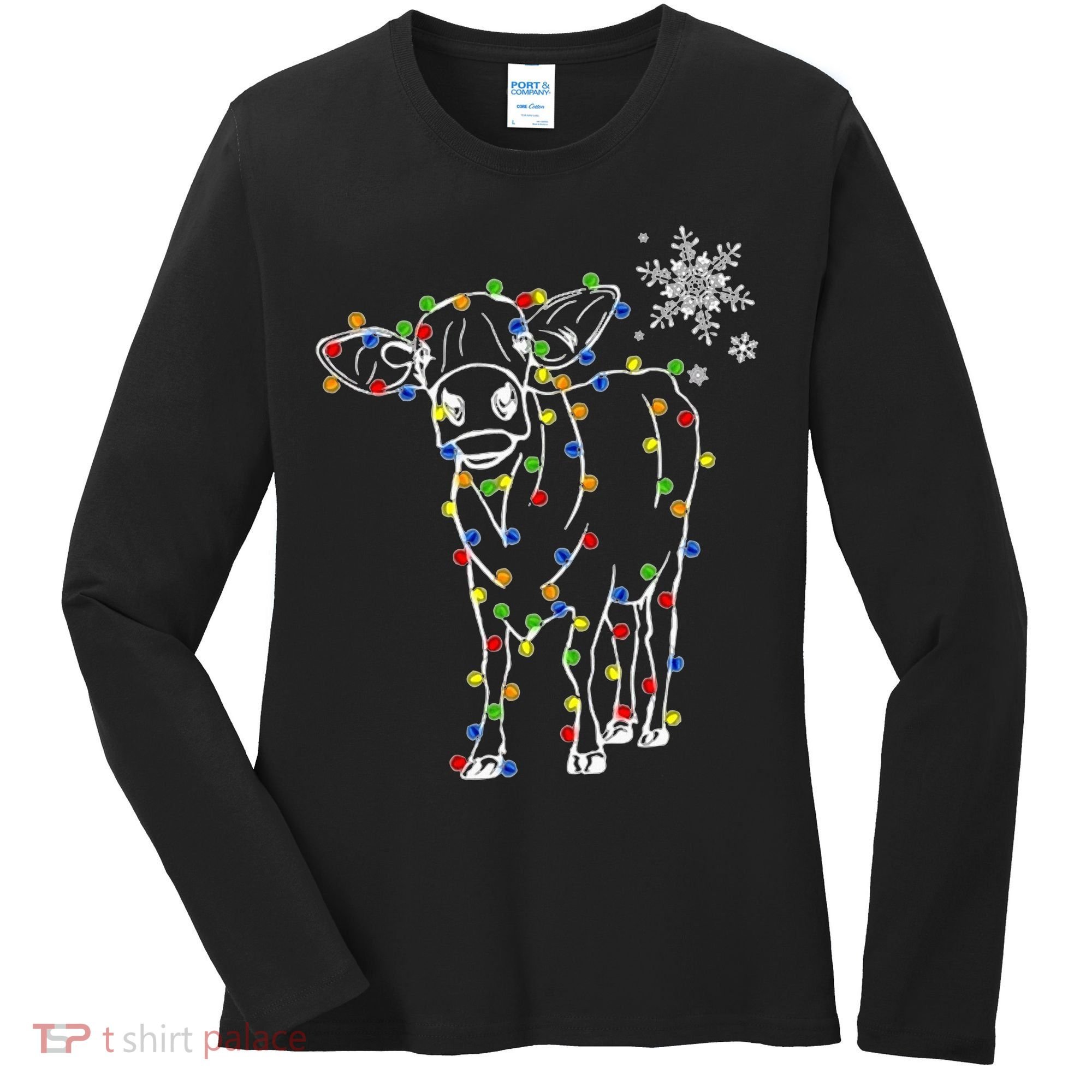 Festive Cow Christmas Light Decoration Women's Long Sleeve Shirt