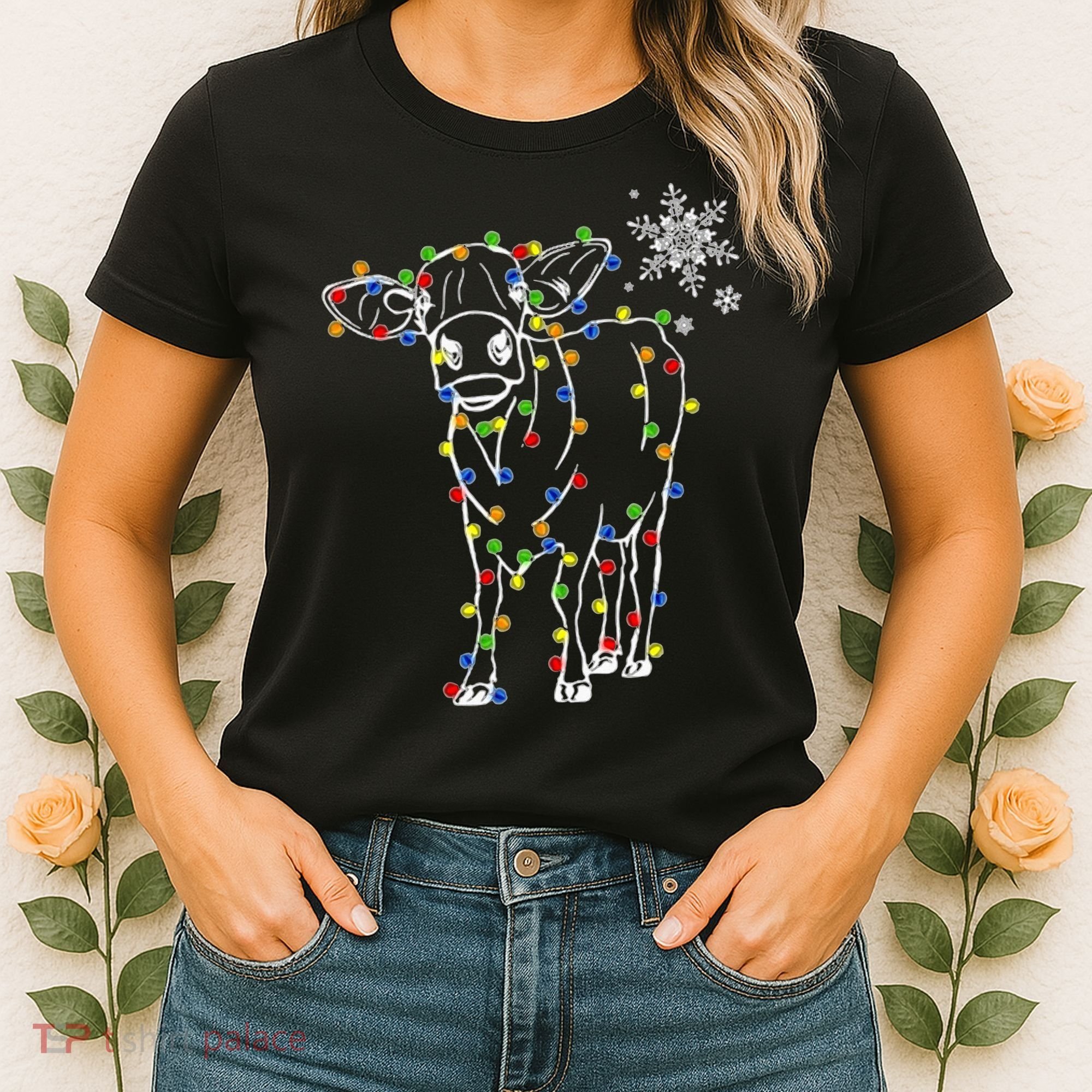 Festive Cow Christmas Light Decoration Women's T-Shirt