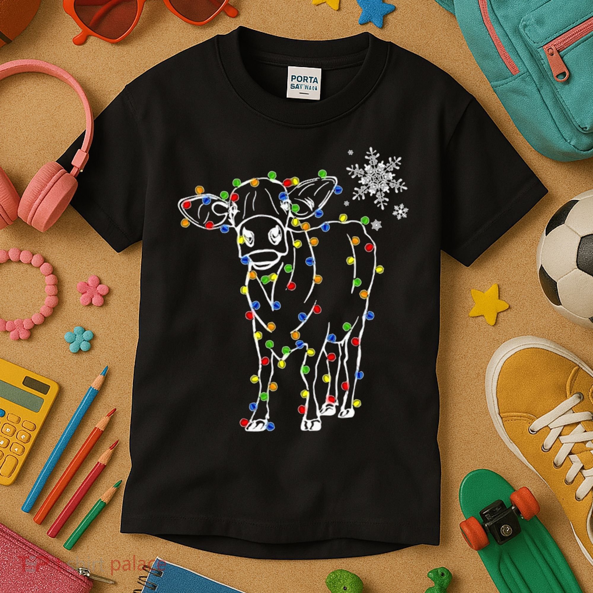 Festive Cow Christmas Light Decoration Kids T-Shirt