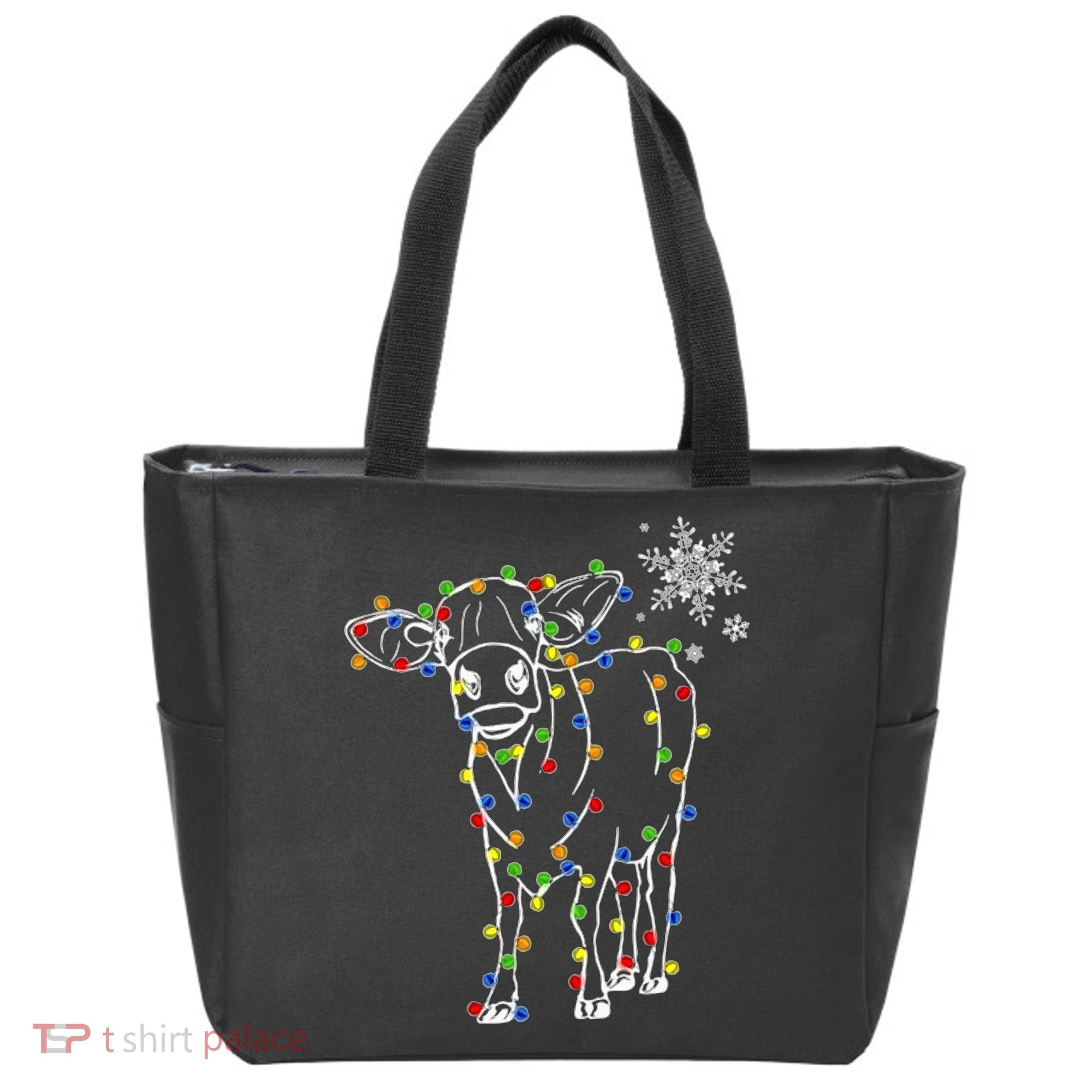 Festive Cow Christmas Light Decoration Tote Bag