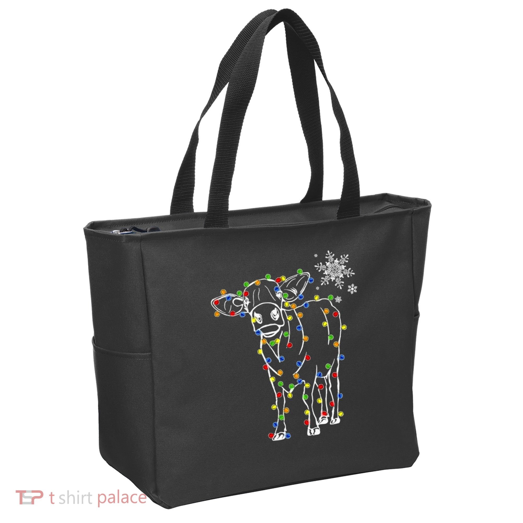 Festive Cow Christmas Light Decoration Tote Bag