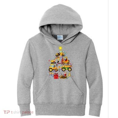 Funny Christmas Construction Vehicles Tree Kids Hoodie