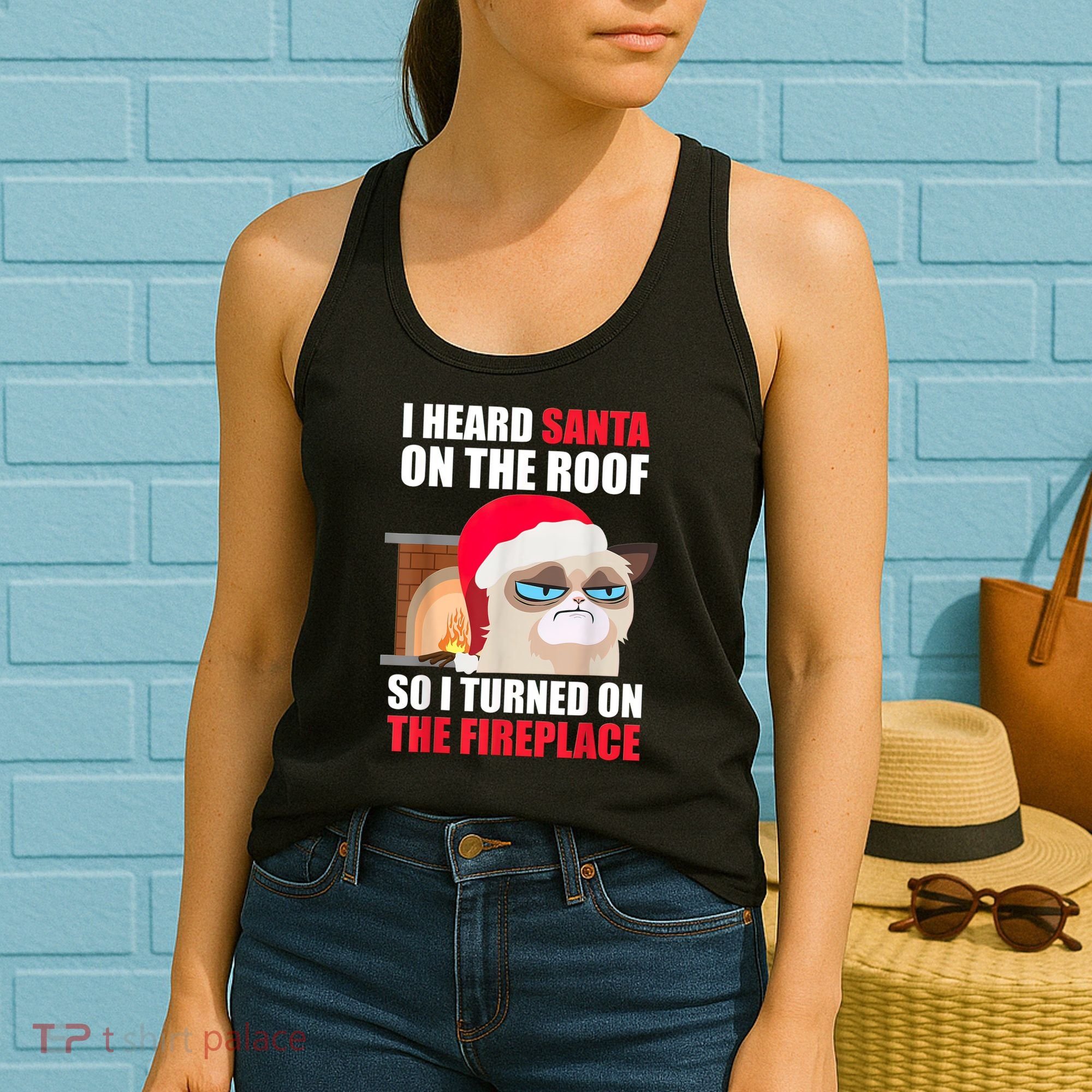Funny Christmas Cat Hates Santa Grumpy Annoyed Cats Women's Tank Top