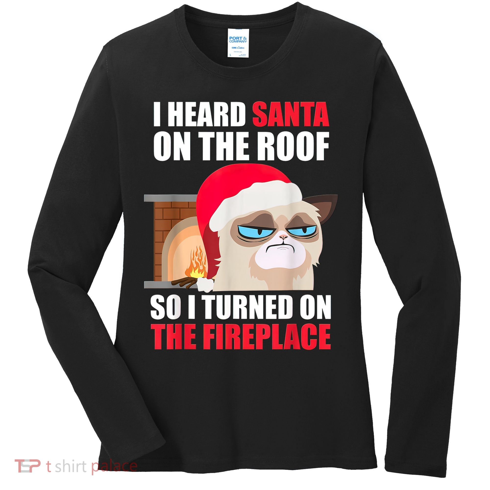 Funny Christmas Cat Hates Santa Grumpy Annoyed Cats Women's Long Sleeve Shirt