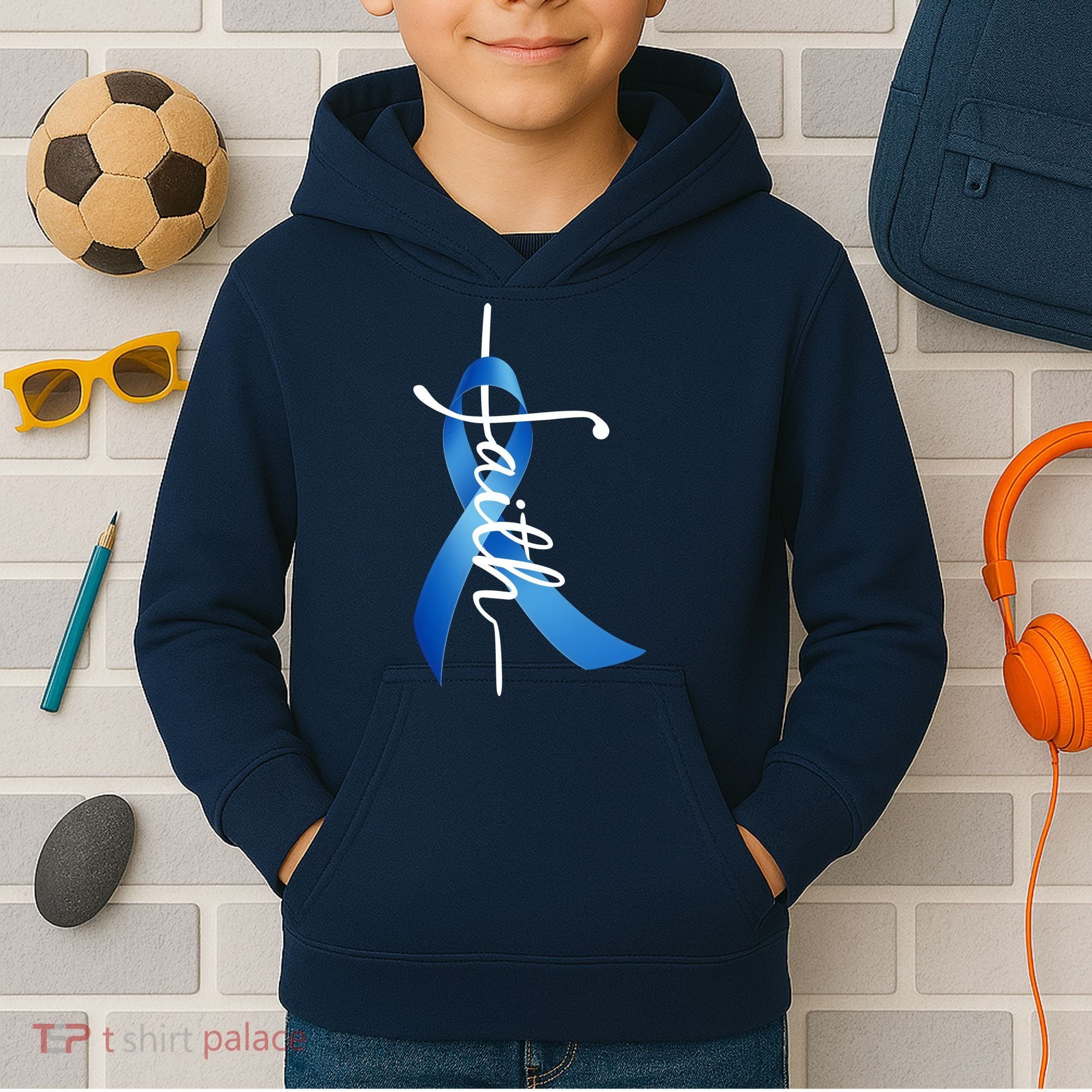 Faith Colon Cancer Cross Ribbon Kids Hoodie