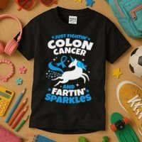 Funny Colon Cancer Fighter Fighting Unicorn Quote Gift Idea Kids T-Shirt thumb 3