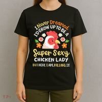 Funny Crazy Chicken Farmer Lady T-Shirt thumb 4