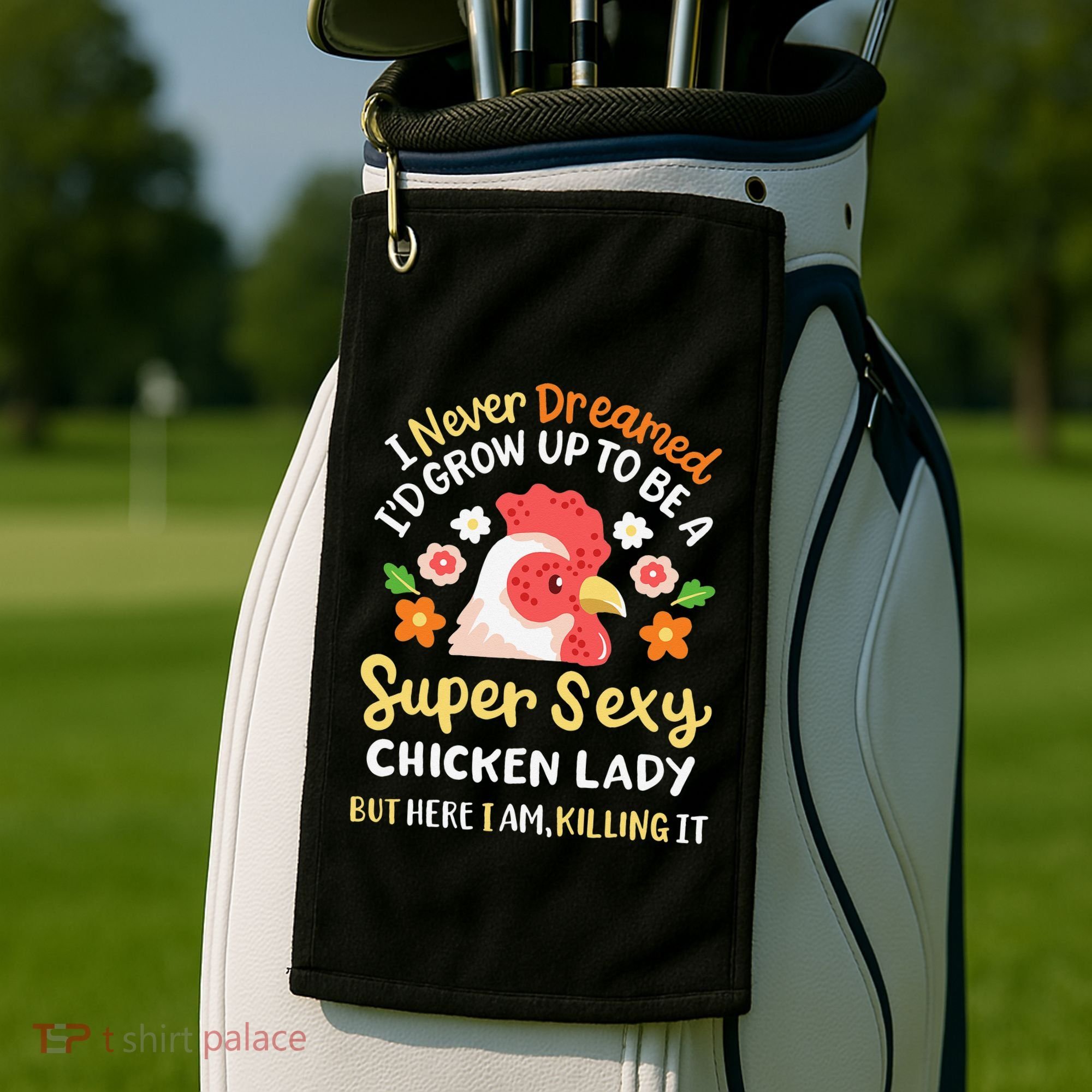 Funny Crazy Chicken Farmer Lady Golf Towel