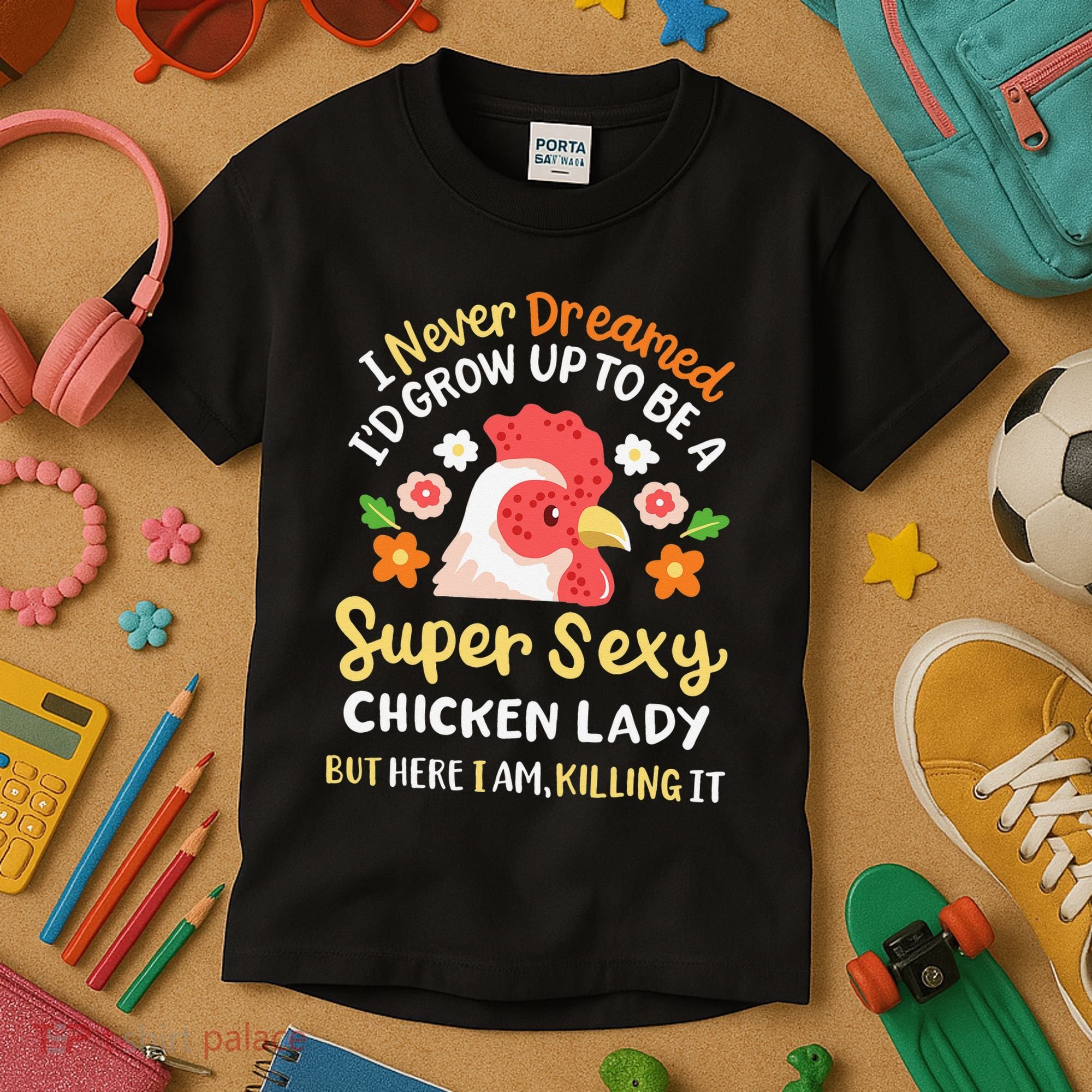 Funny Crazy Chicken Farmer Lady Kids T-Shirt