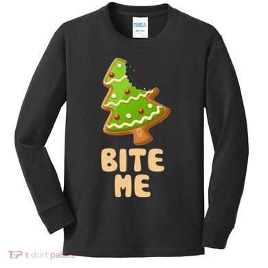Funny Christmas Cookie Bite Me Kids Long Sleeve Shirt