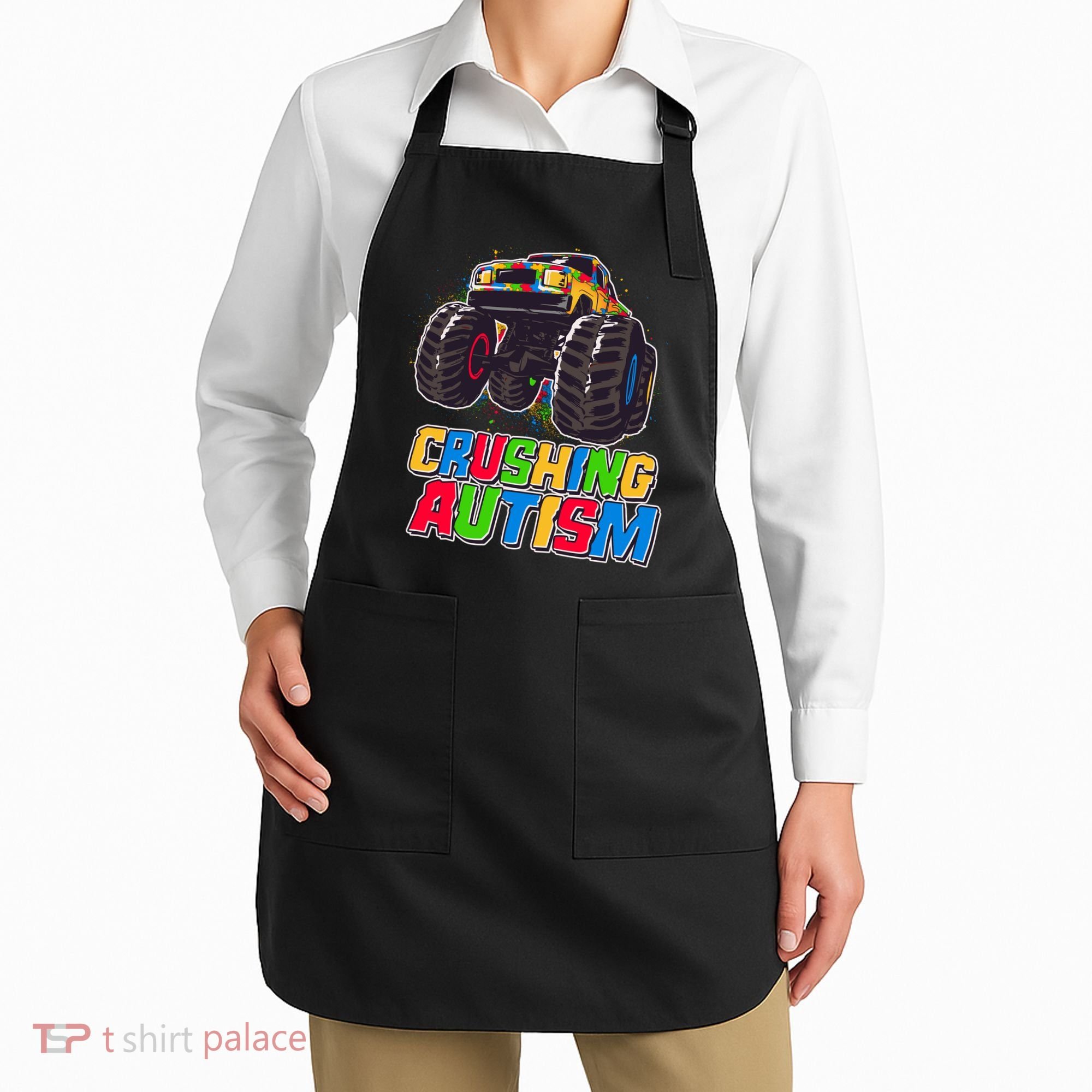 Funny Cool Crushing Autism Puzzle Piece Monster Truck Apron