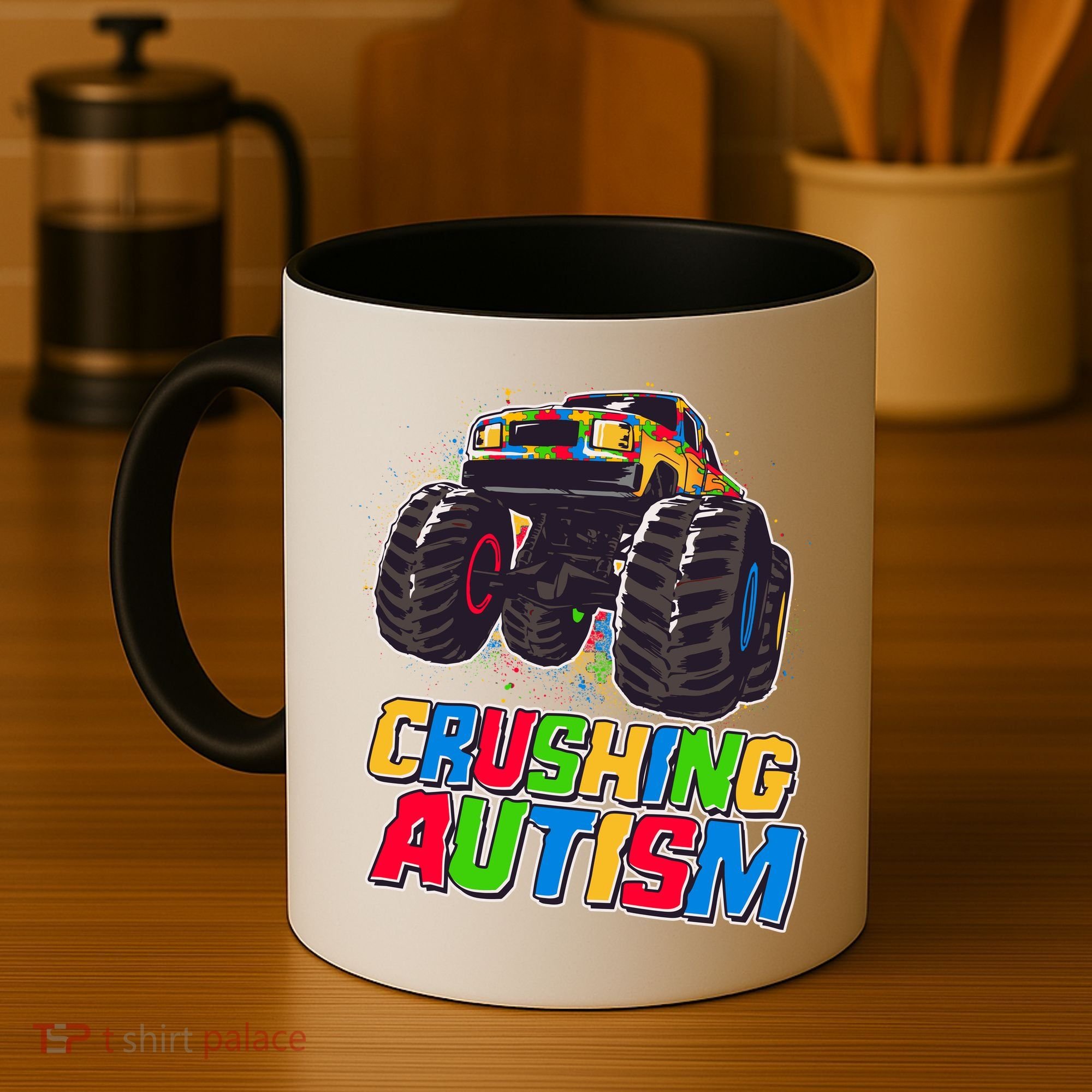 Funny Cool Crushing Autism Puzzle Piece Monster Truck Coffee Mug