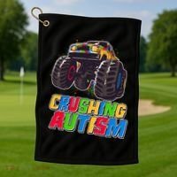 Funny Cool Crushing Autism Puzzle Piece Monster Truck Golf Towel thumb 1