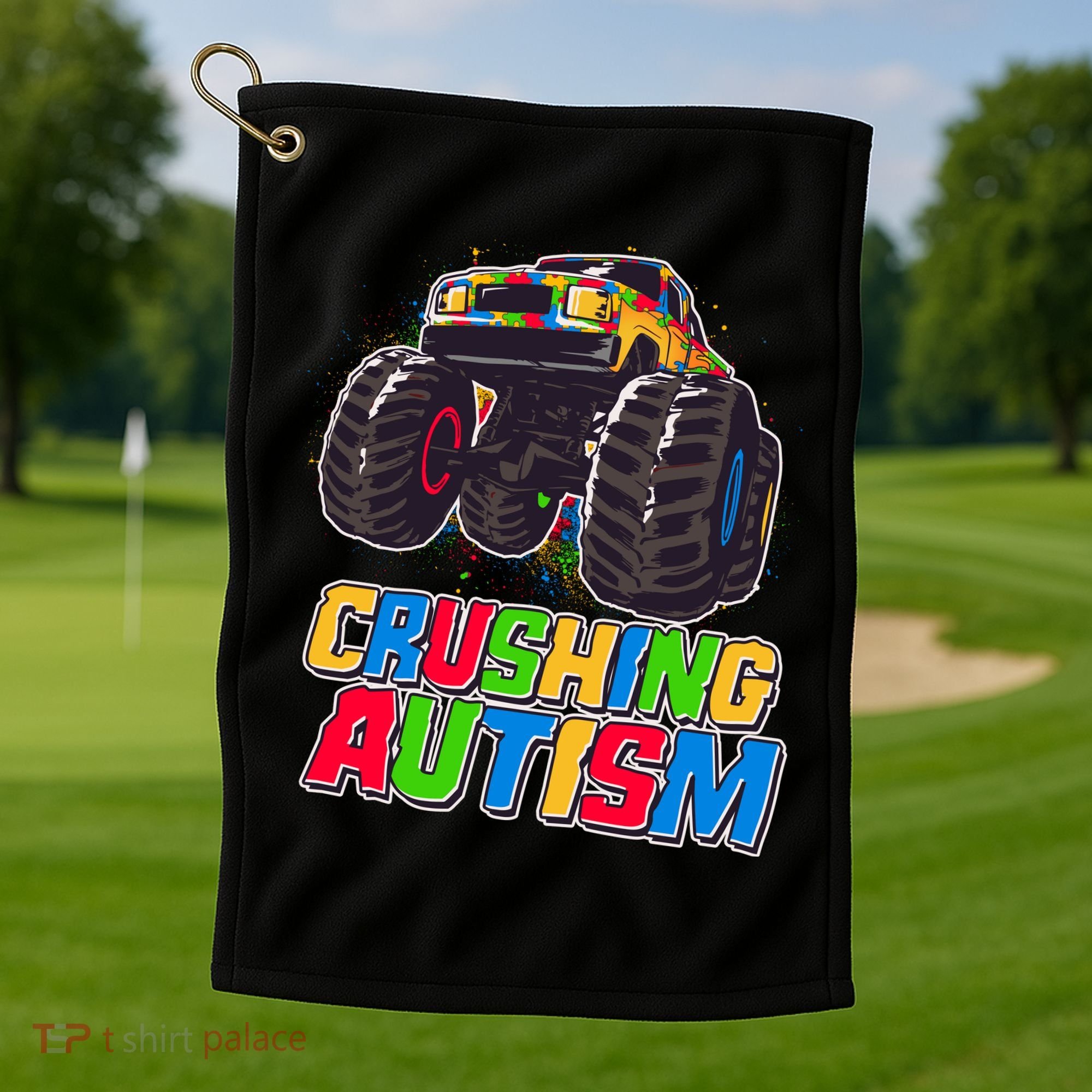 Funny Cool Crushing Autism Puzzle Piece Monster Truck Golf Towel