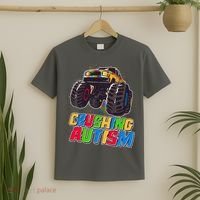 Funny Cool Crushing Autism Puzzle Piece Monster Truck T-Shirt thumb 2