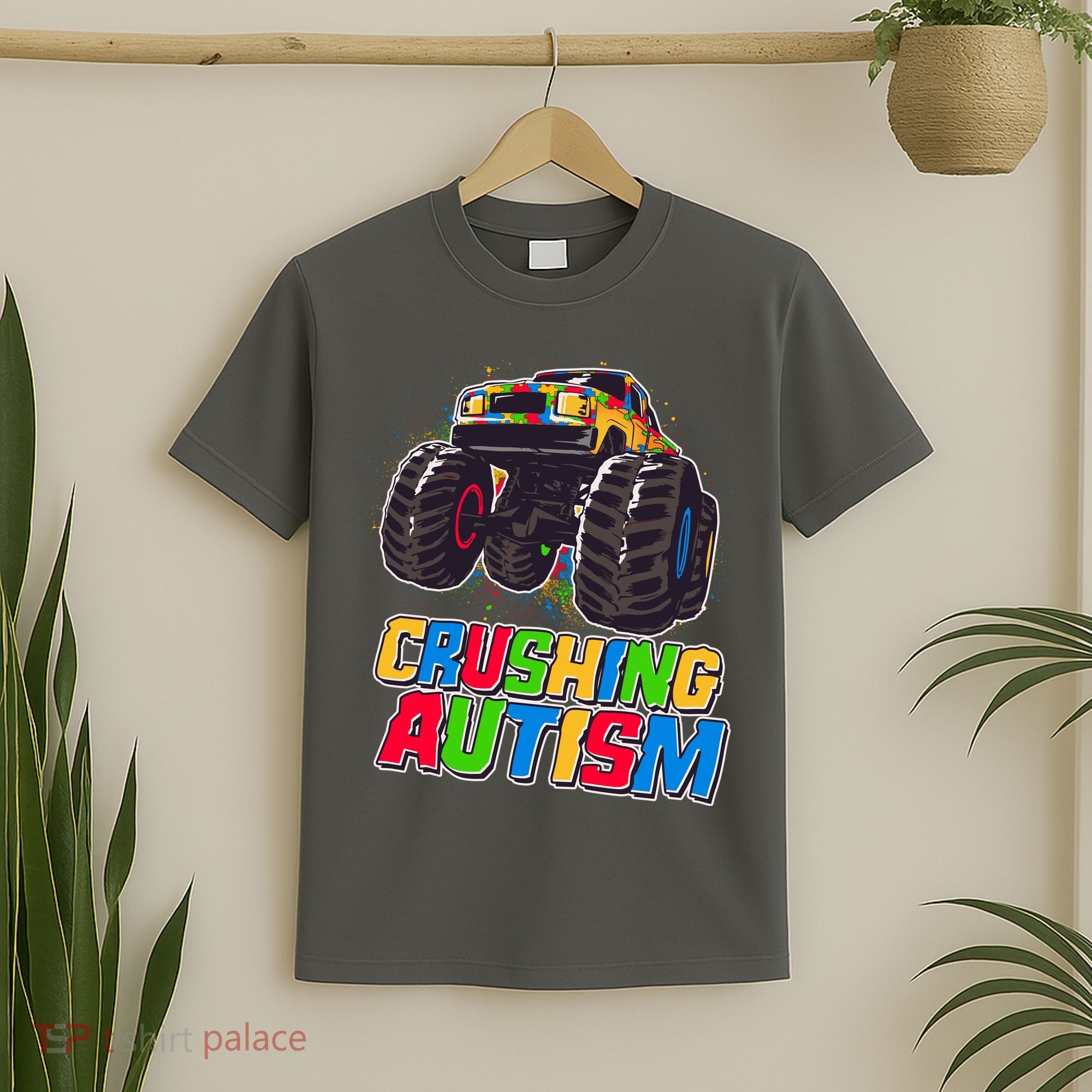 Funny Cool Crushing Autism Puzzle Piece Monster Truck T-Shirt