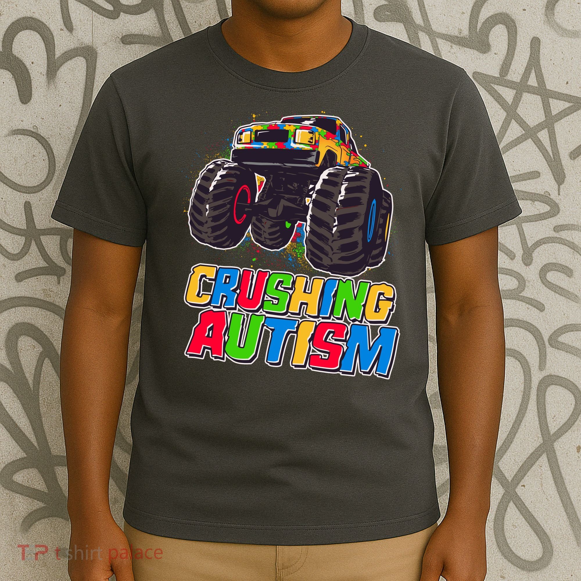 Funny Cool Crushing Autism Puzzle Piece Monster Truck T-Shirt