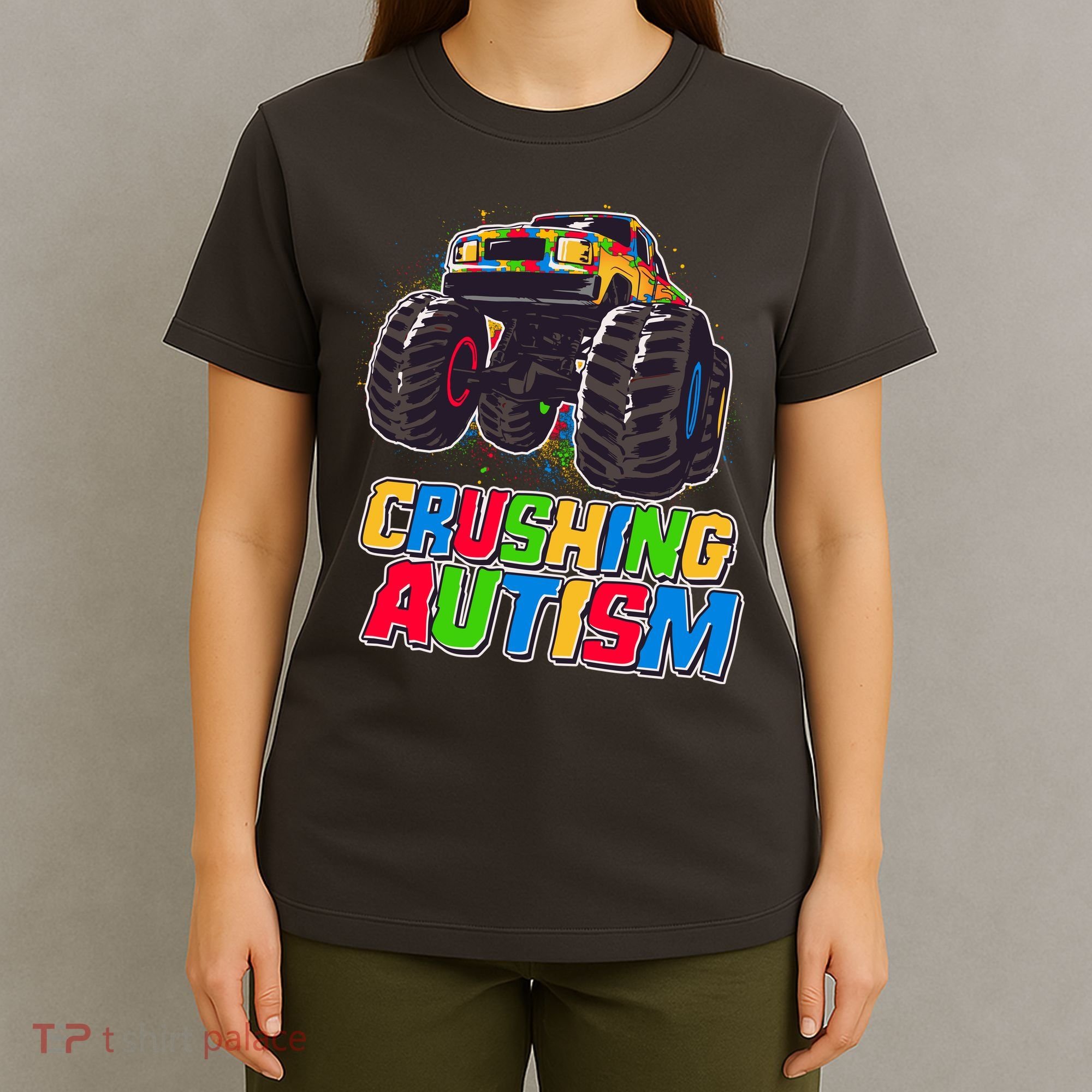 Funny Cool Crushing Autism Puzzle Piece Monster Truck T-Shirt