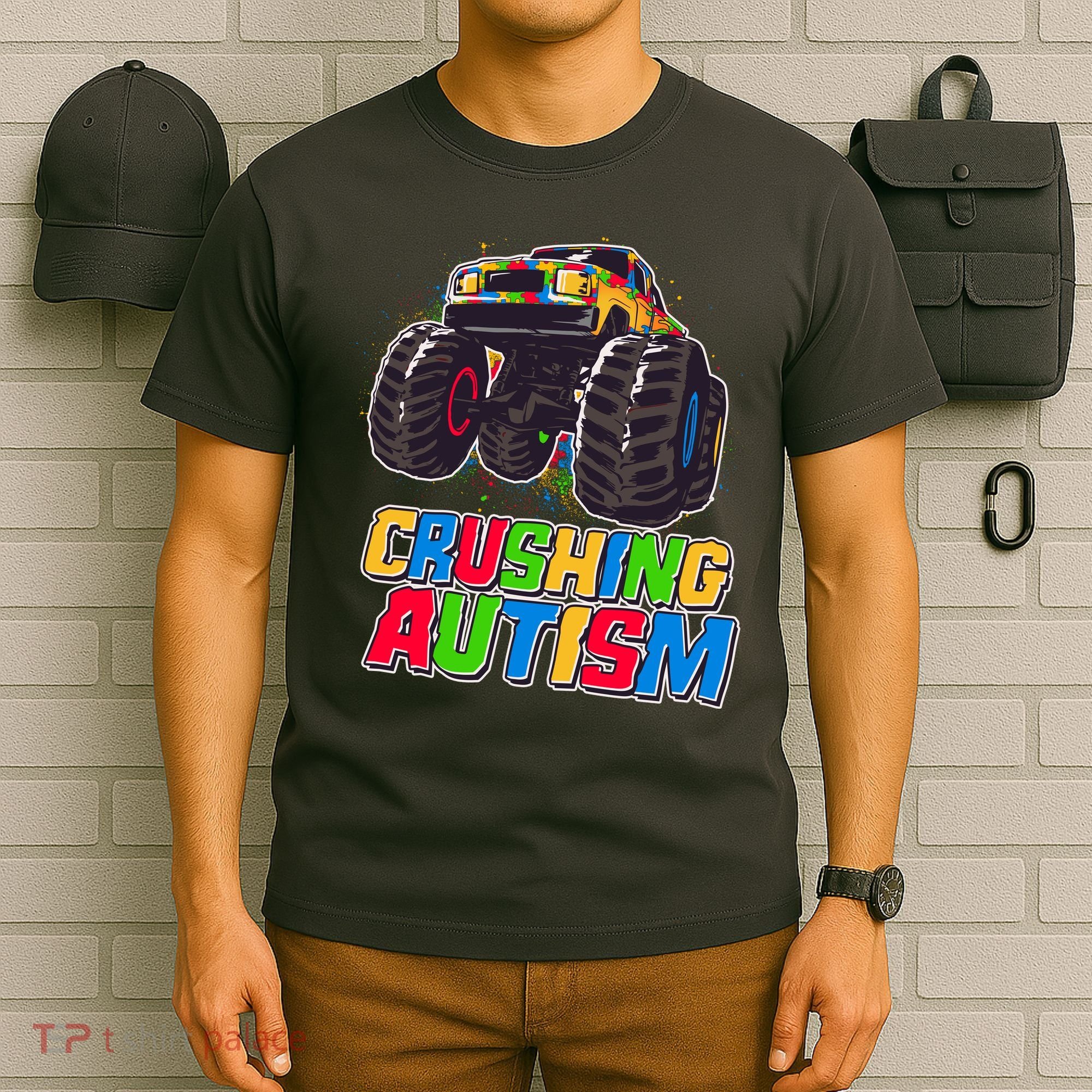 Funny Cool Crushing Autism Puzzle Piece Monster Truck T-Shirt