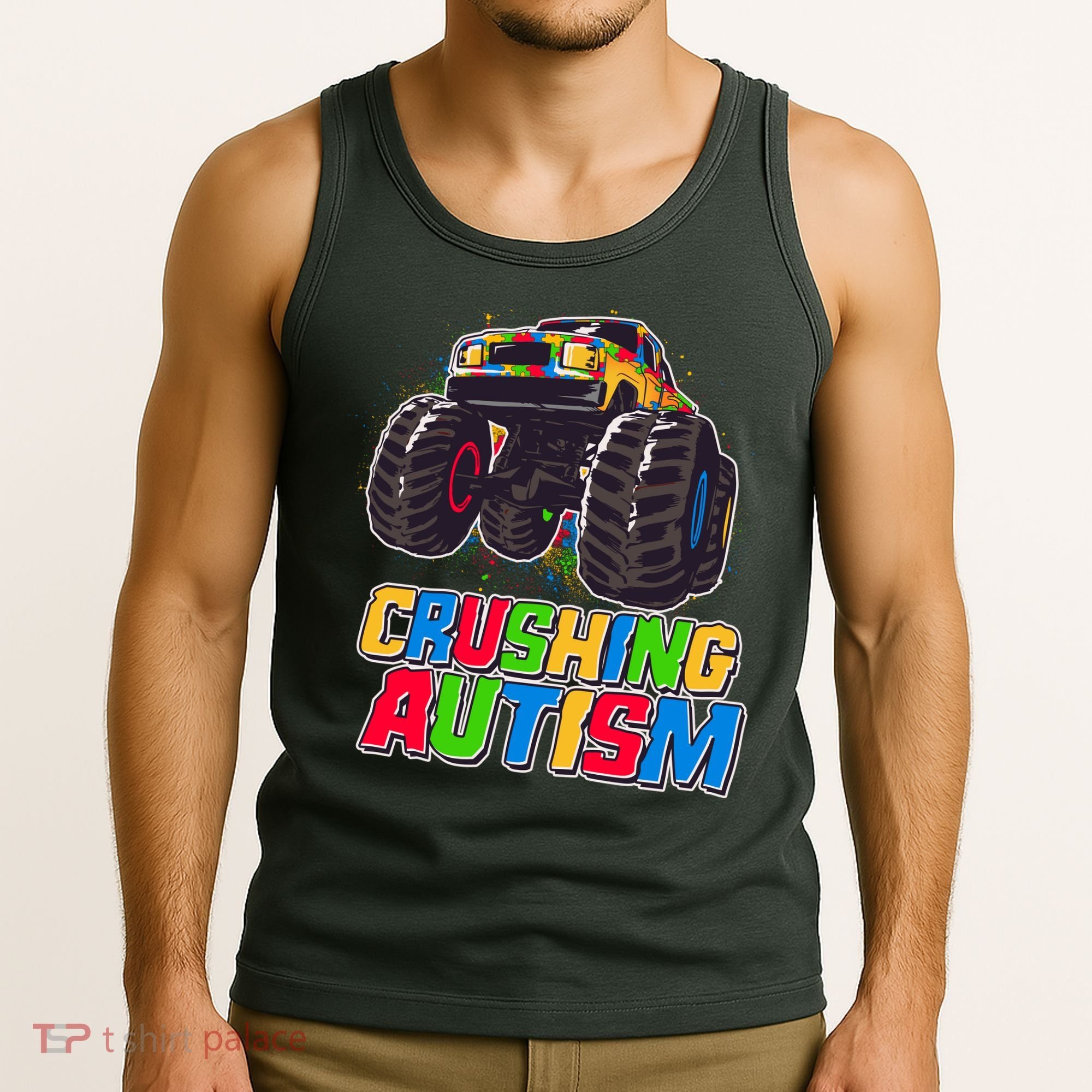 Funny Cool Crushing Autism Puzzle Piece Monster Truck Tank Top